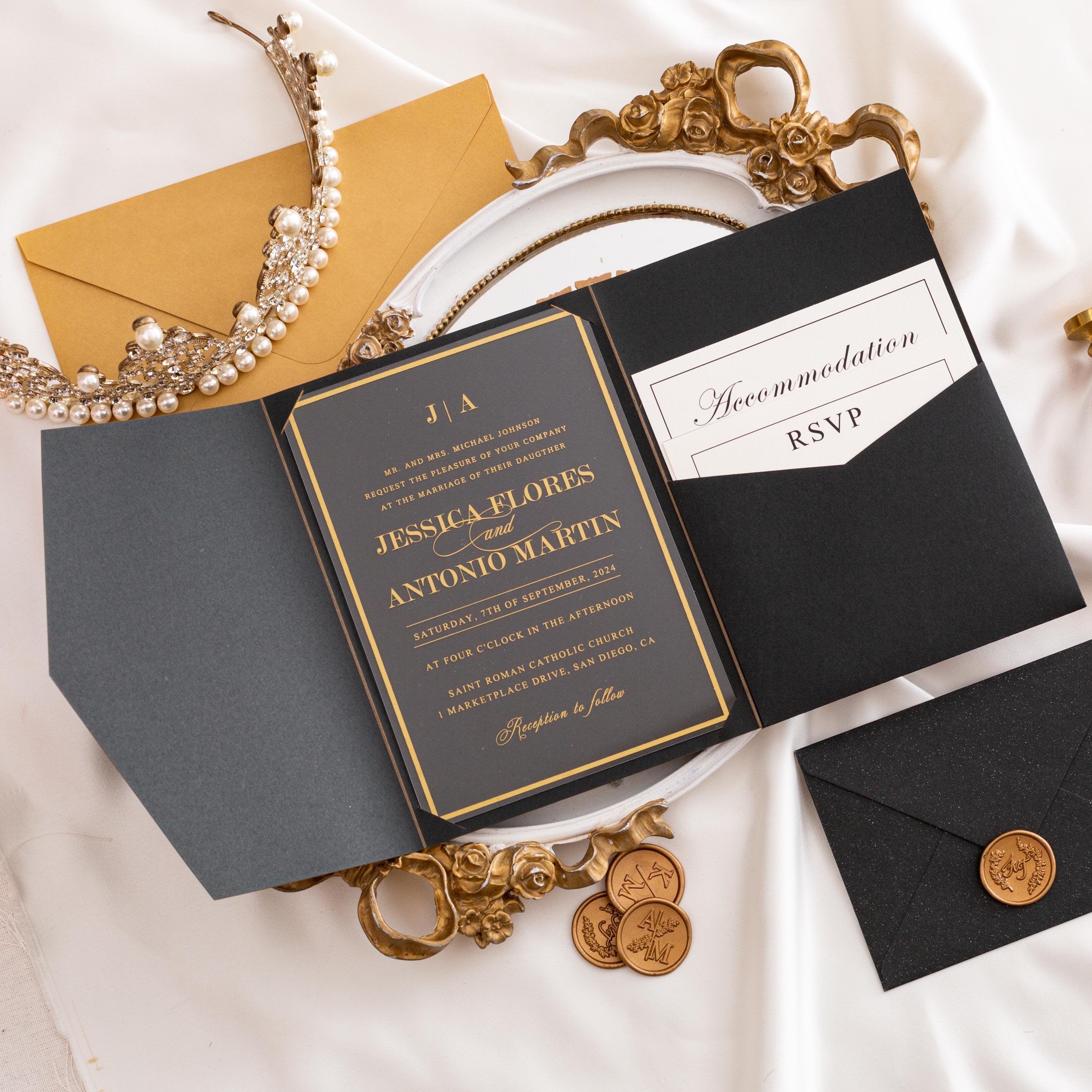 Black & Gold Acrylic Wedding Invitation | Pocketfold Envelope, Wax Seal image 1