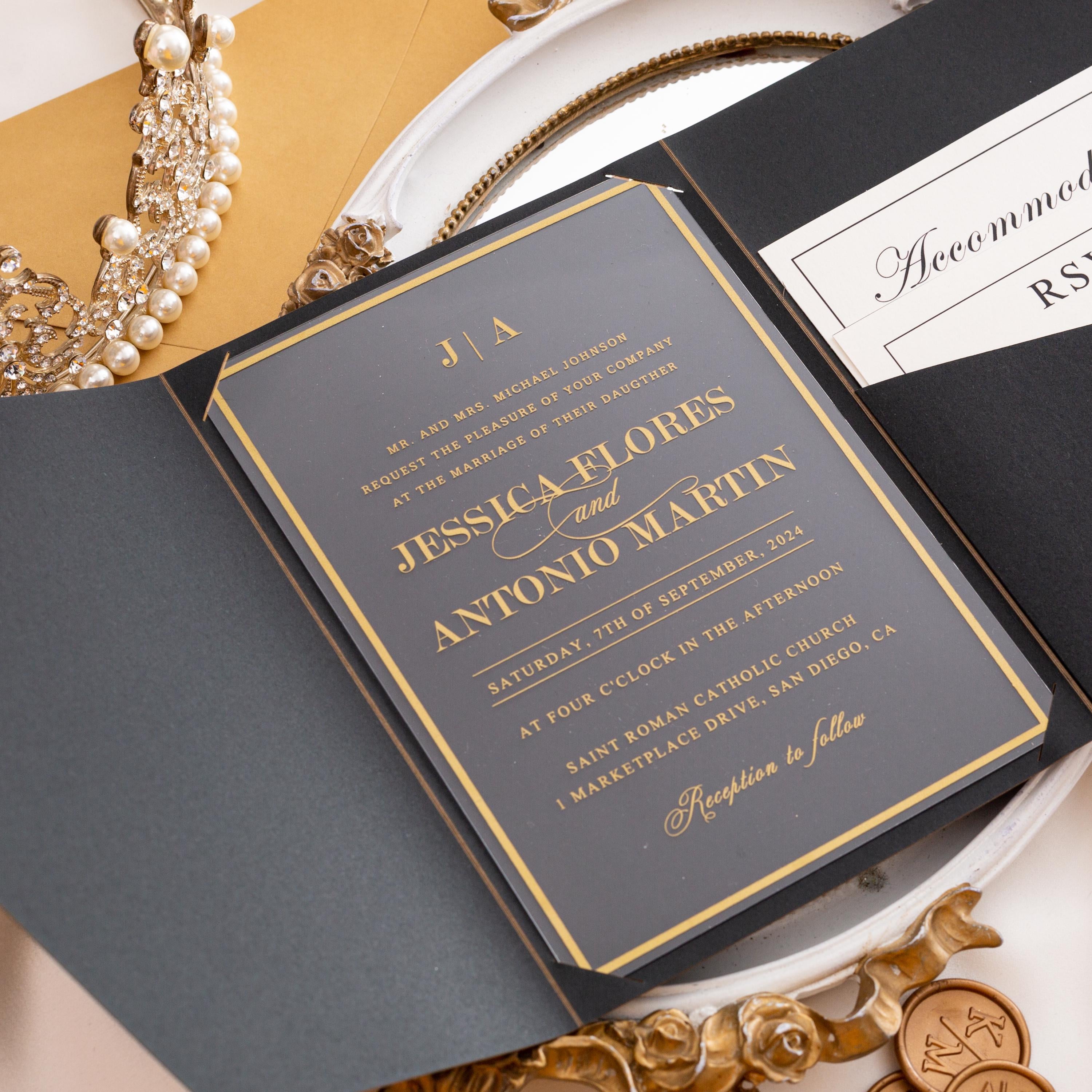 Black & Gold Acrylic Wedding Invitation | Pocketfold Envelope, Wax Seal thumbnail 2