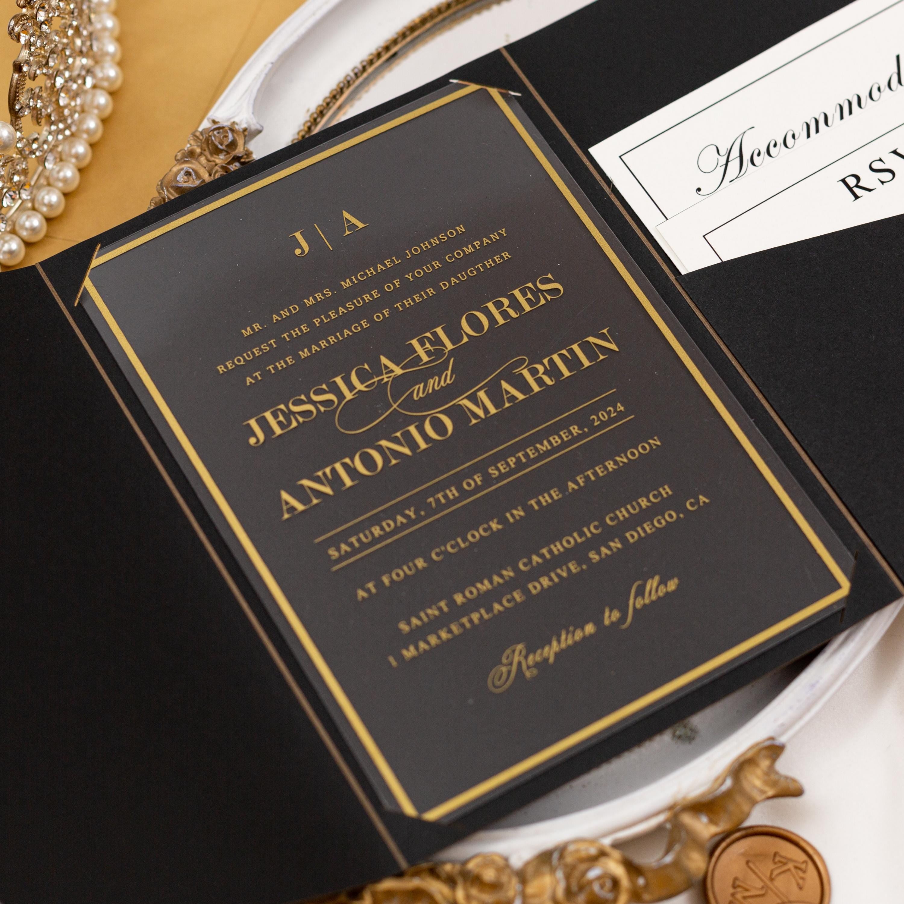 Black & Gold Acrylic Wedding Invitation | Pocketfold Envelope, Wax Seal thumbnail 3