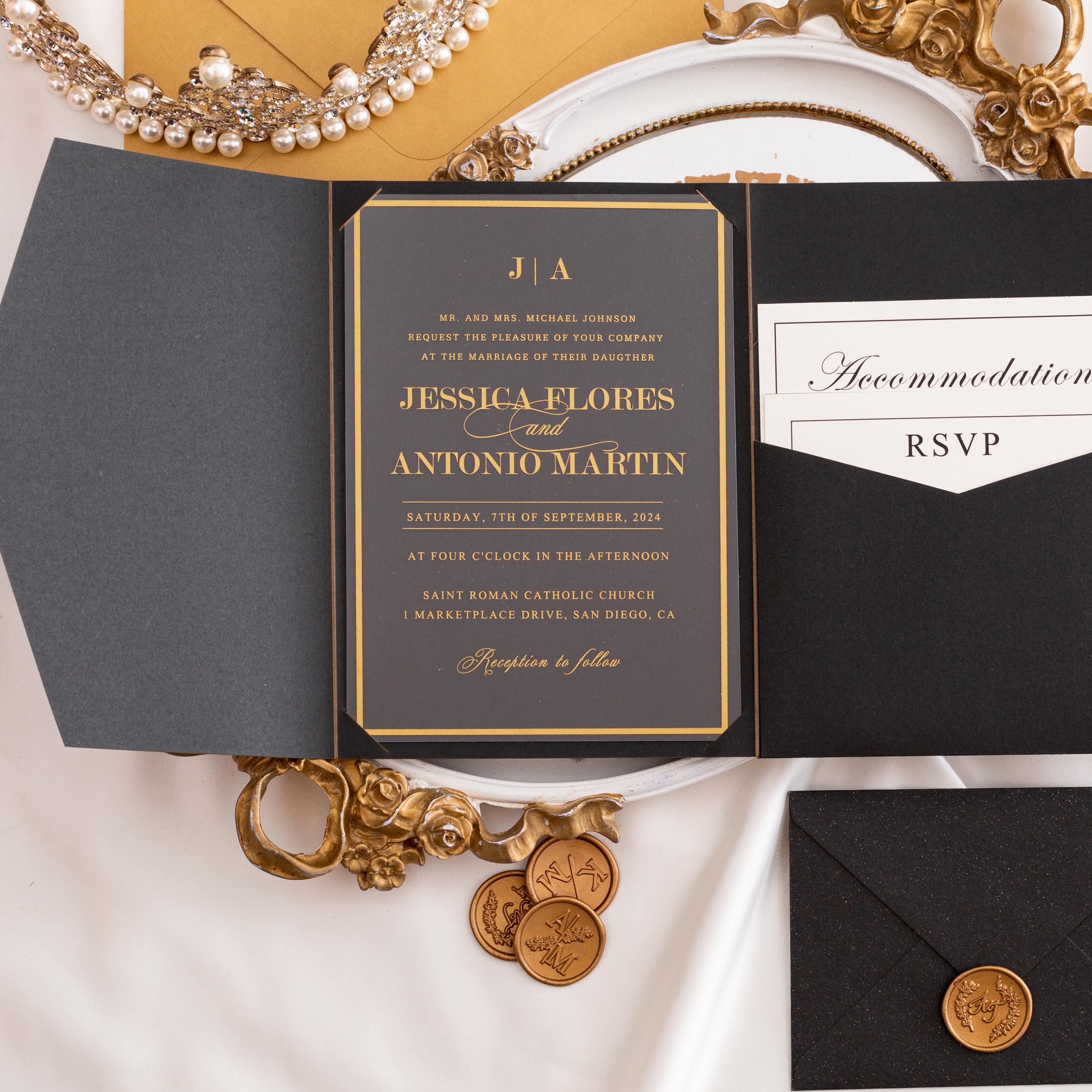 Black & Gold Acrylic Wedding Invitation | Pocketfold Envelope, Wax Seal thumbnail 4