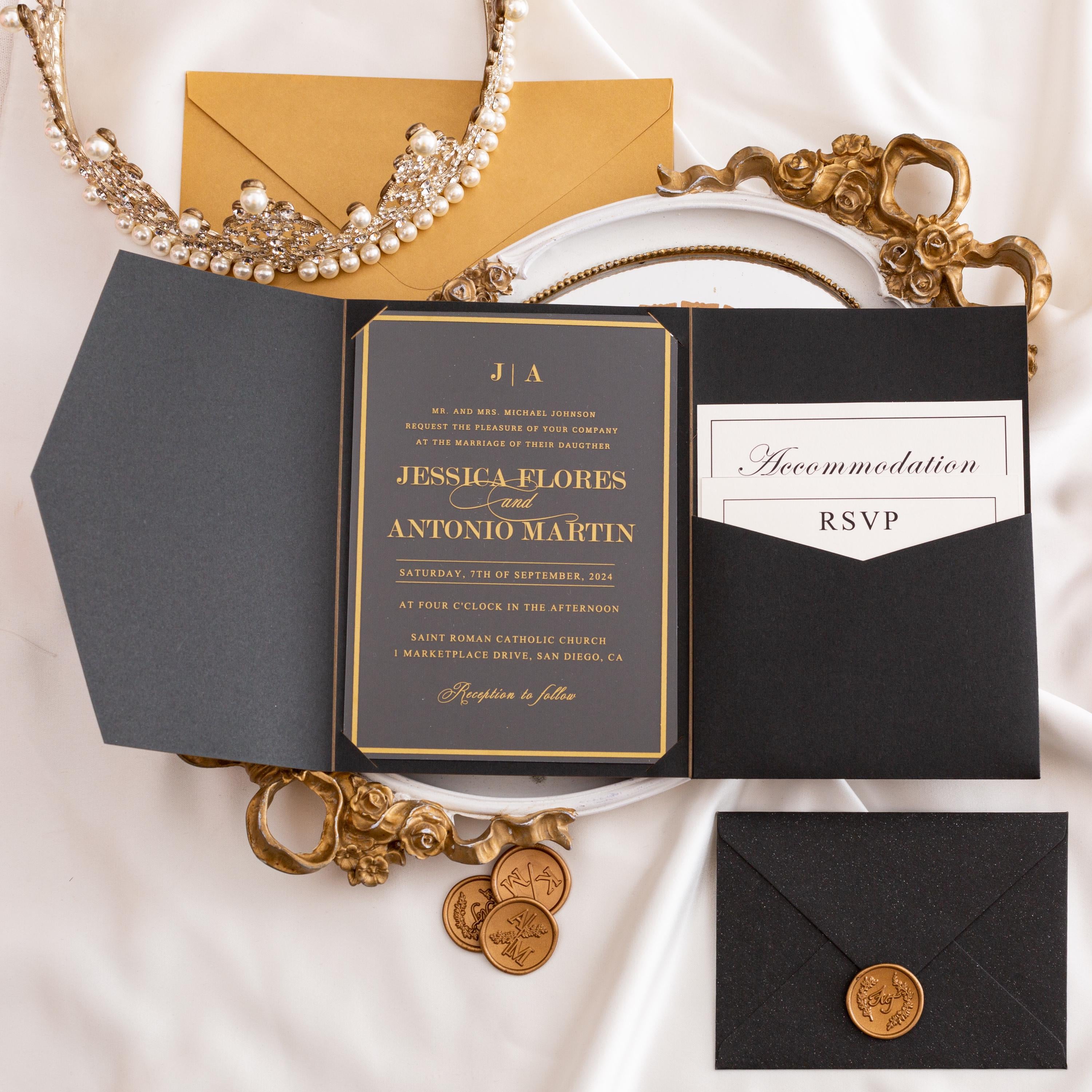 Black & Gold Acrylic Wedding Invitation | Pocketfold Envelope, Wax Seal thumbnail 5