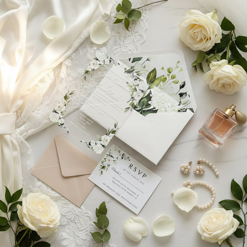 Clear Acrylic White Roses & Foliage Wedding Invite image 1
