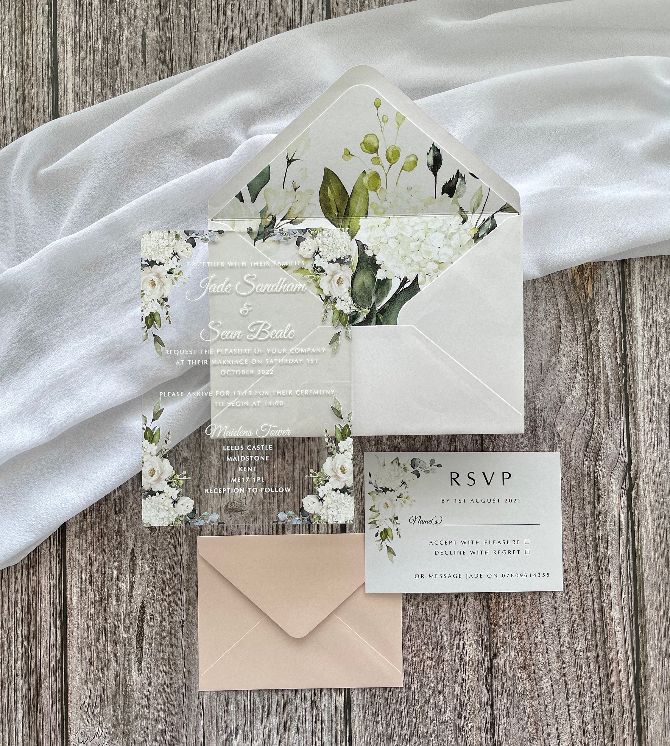 Clear Acrylic White Roses & Foliage Wedding Invite thumbnail 2