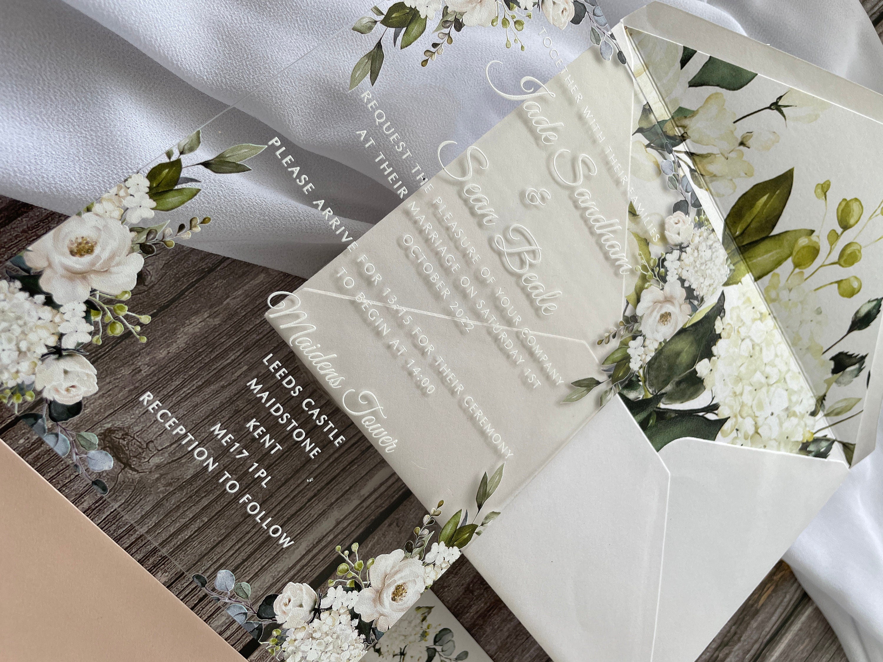 Clear Acrylic White Roses & Foliage Wedding Invite thumbnail 3