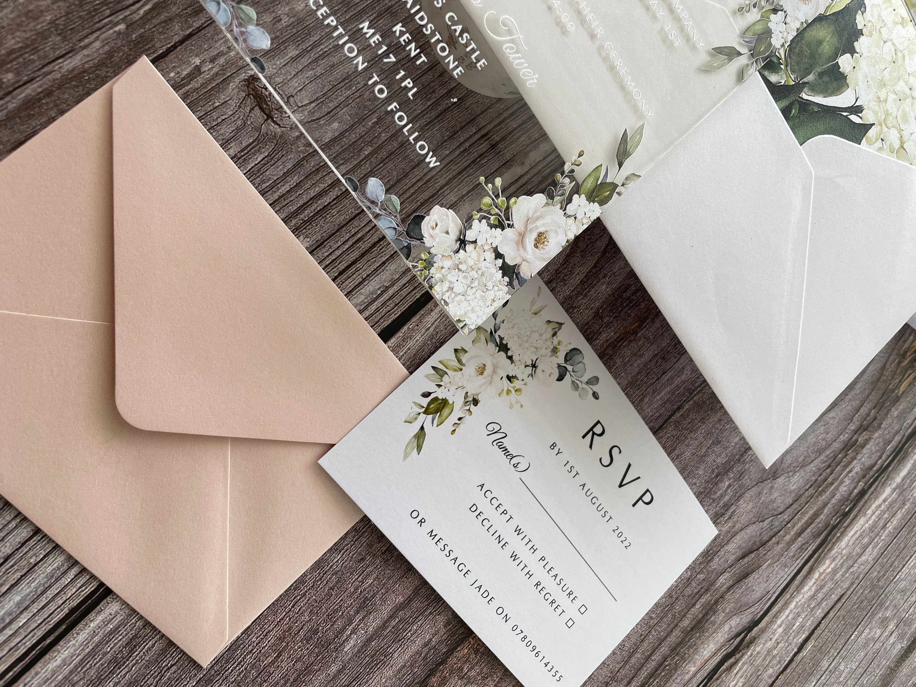 Clear Acrylic White Roses & Foliage Wedding Invite thumbnail 4