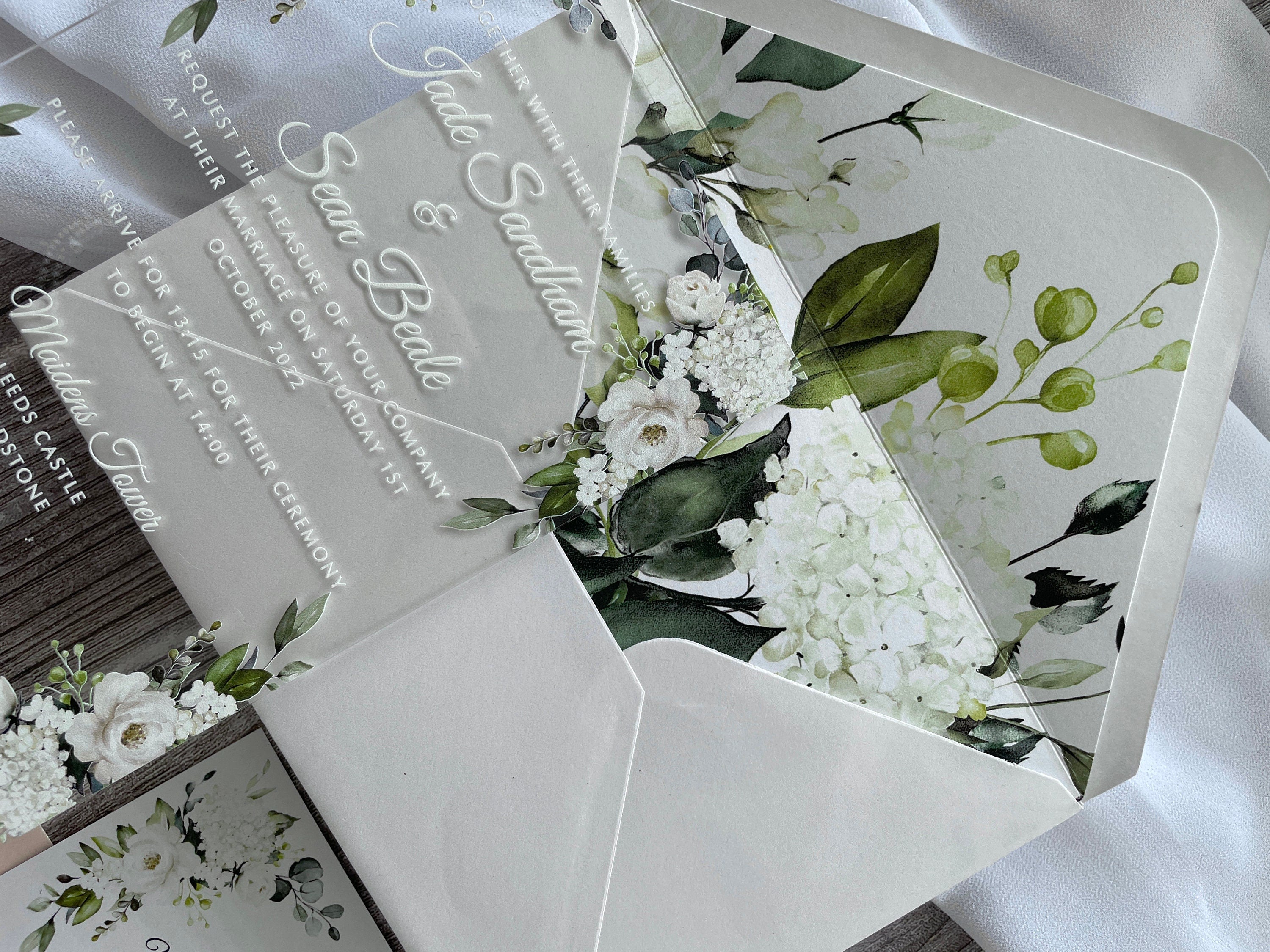 Clear Acrylic White Roses & Foliage Wedding Invite thumbnail 5