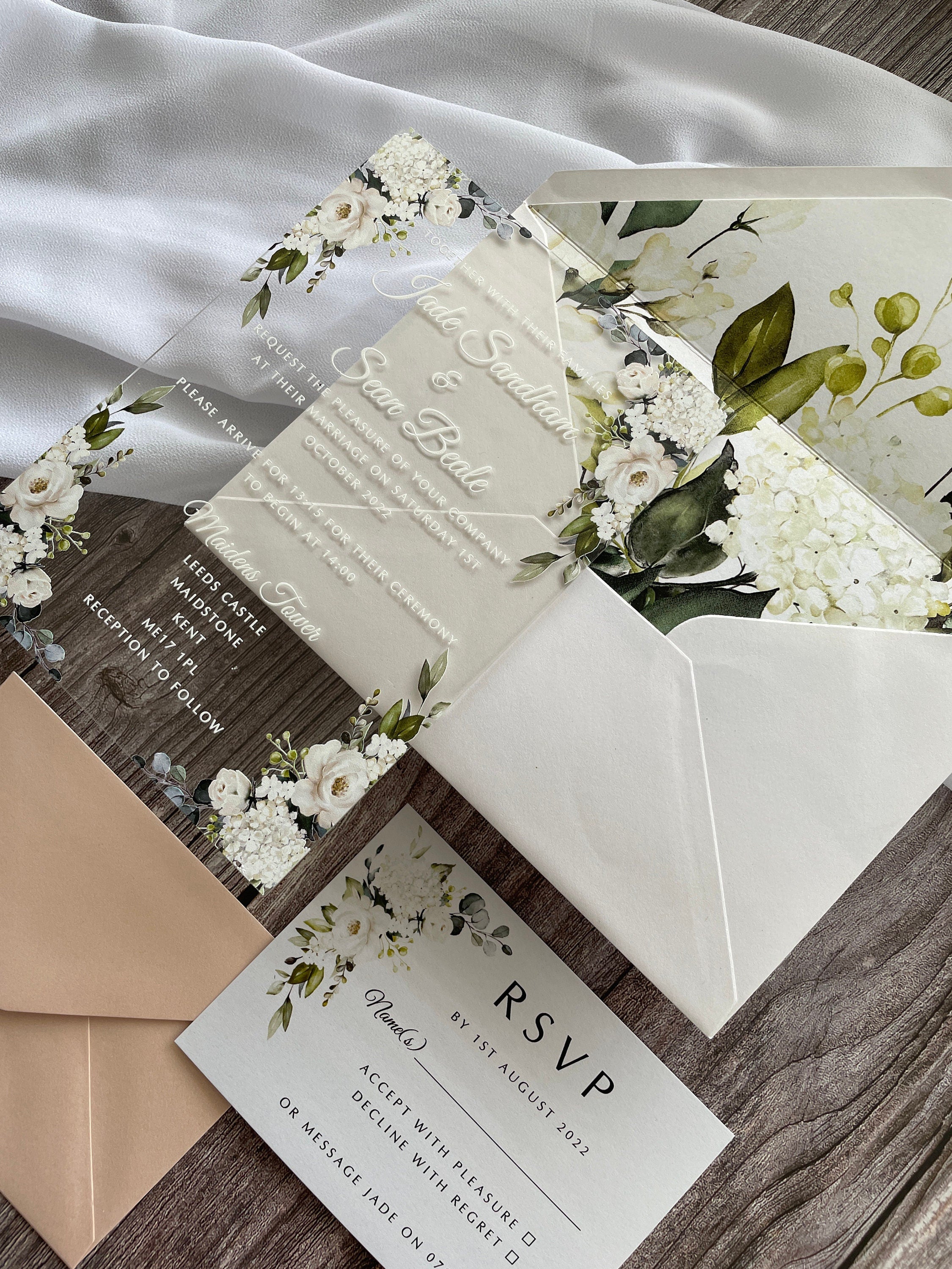 Clear Acrylic White Roses & Foliage Wedding Invite thumbnail 6