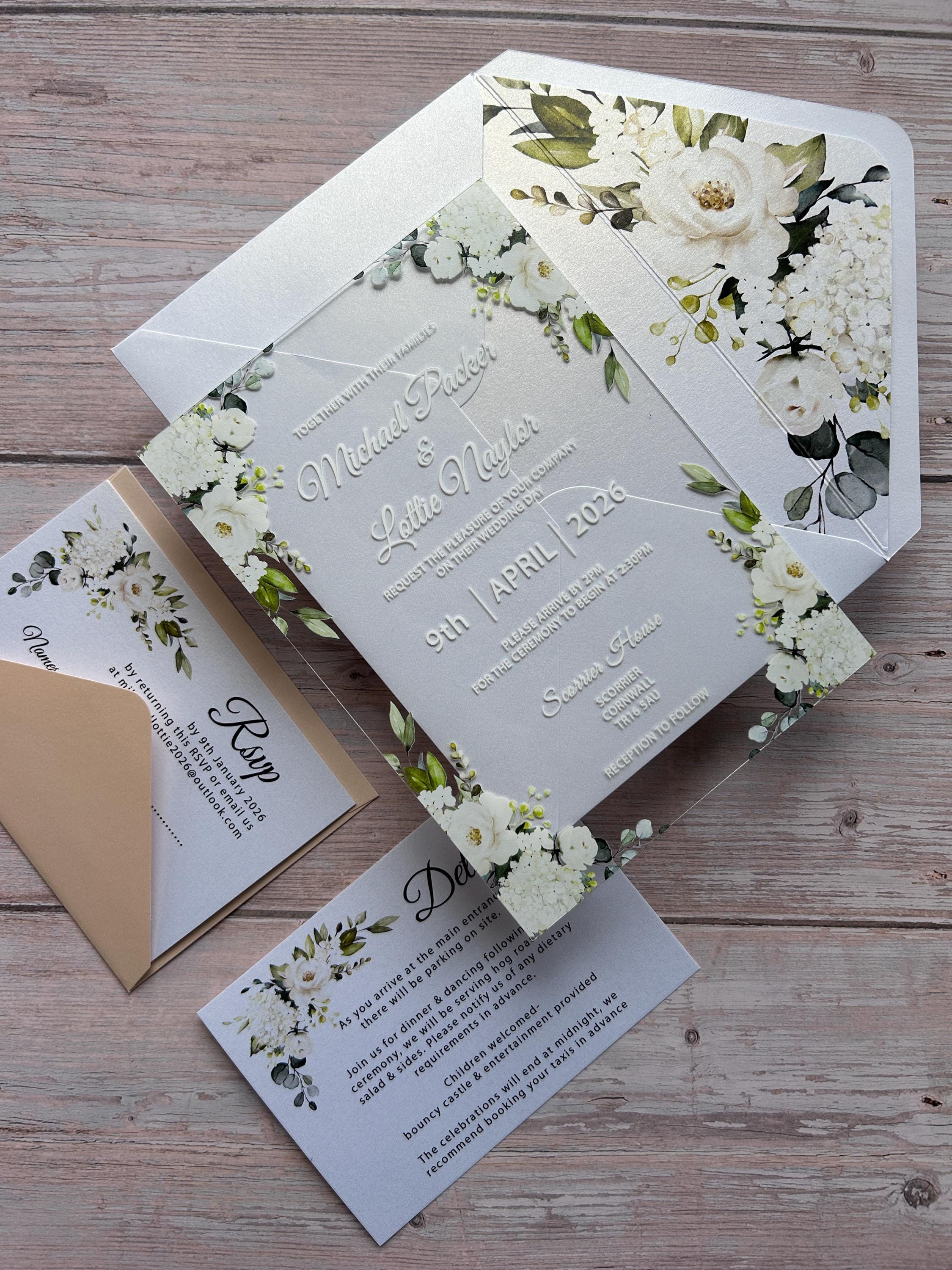 Clear Acrylic White Roses & Foliage Wedding Invite thumbnail 7