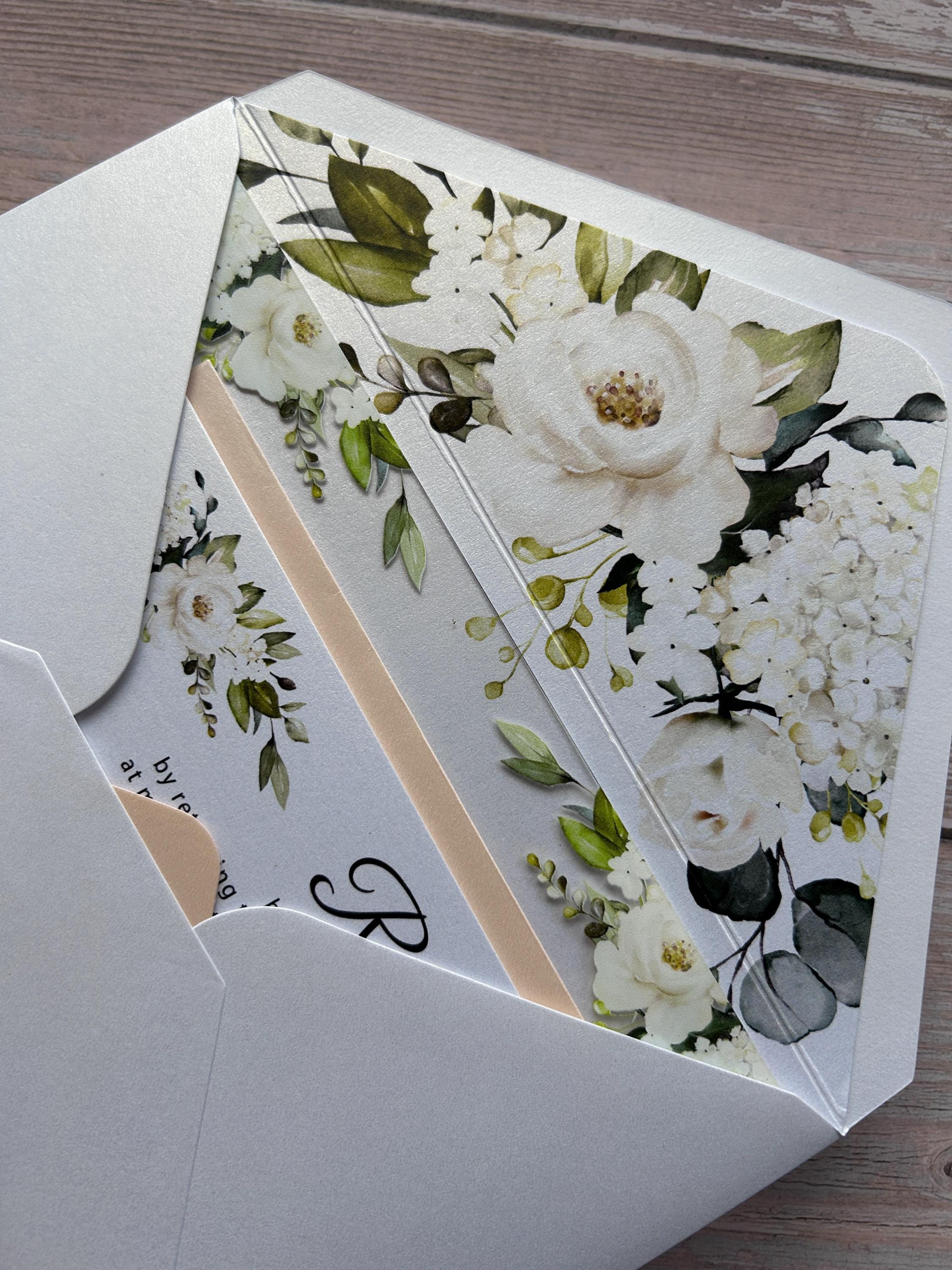 Clear Acrylic White Roses & Foliage Wedding Invite thumbnail 8