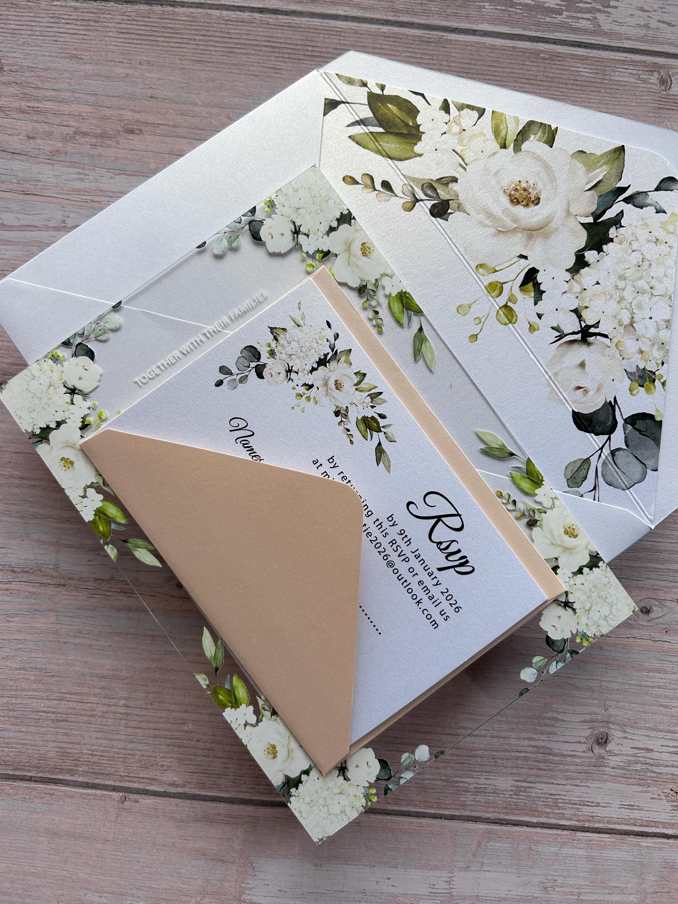 Clear Acrylic White Roses & Foliage Wedding Invite thumbnail 9