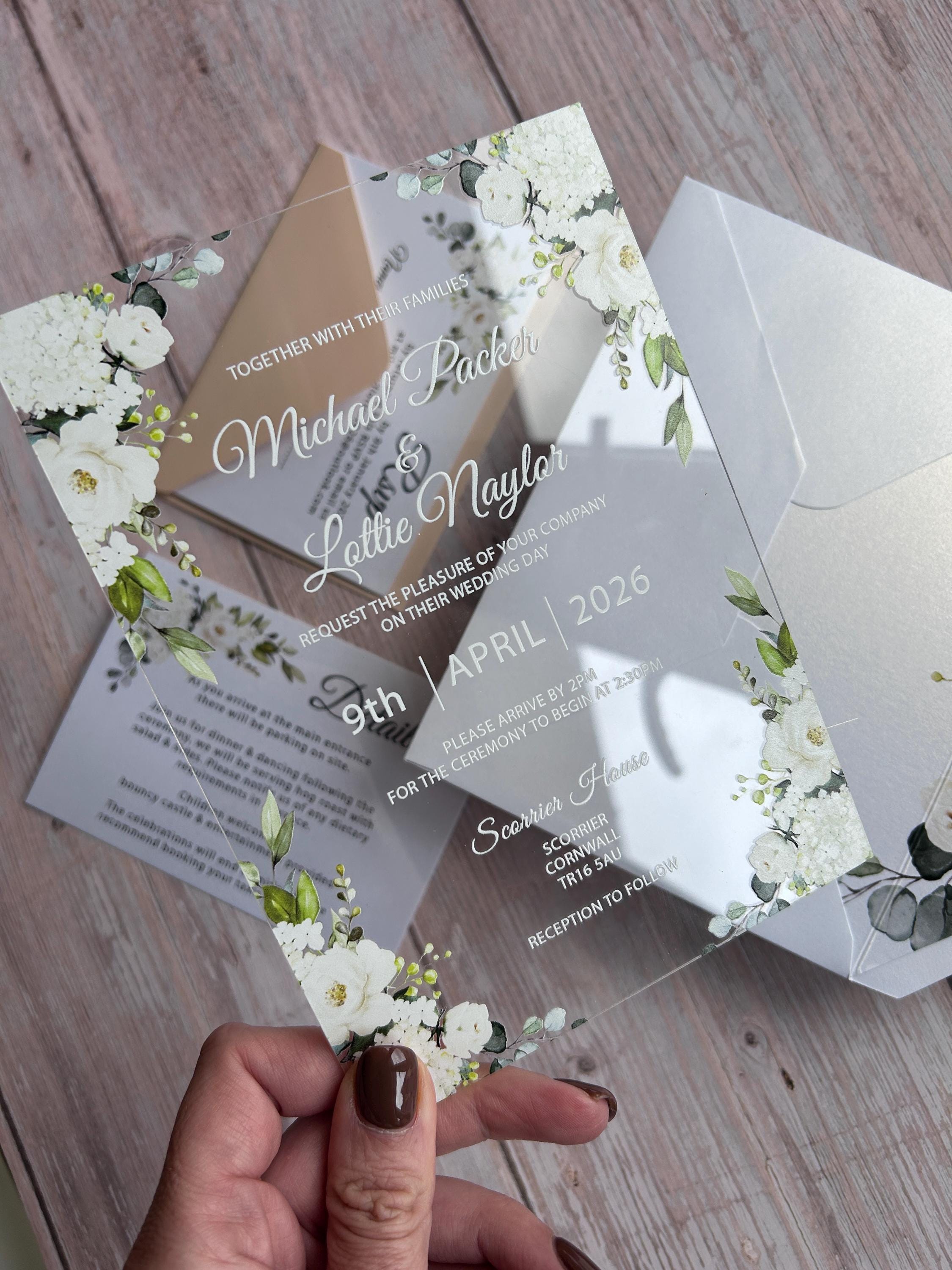 Clear Acrylic White Roses & Foliage Wedding Invite thumbnail 10