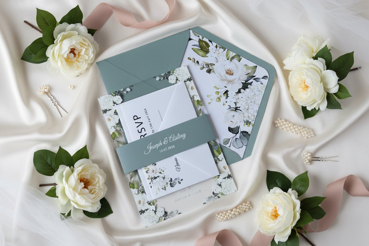 Elegant Acrylic Wedding Invitation: Dusty Blue Floral, Shimmer Envelope image 1