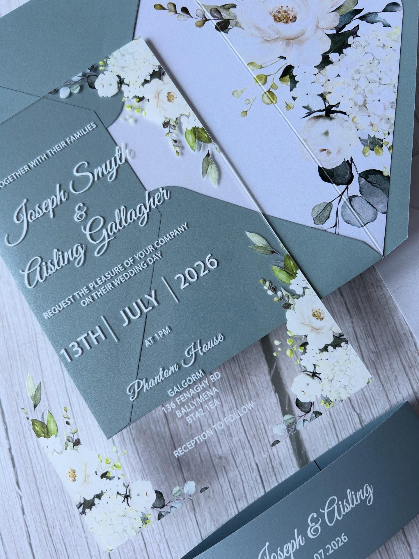 Elegant Acrylic Wedding Invitation: Dusty Blue Floral, Shimmer Envelope thumbnail 2