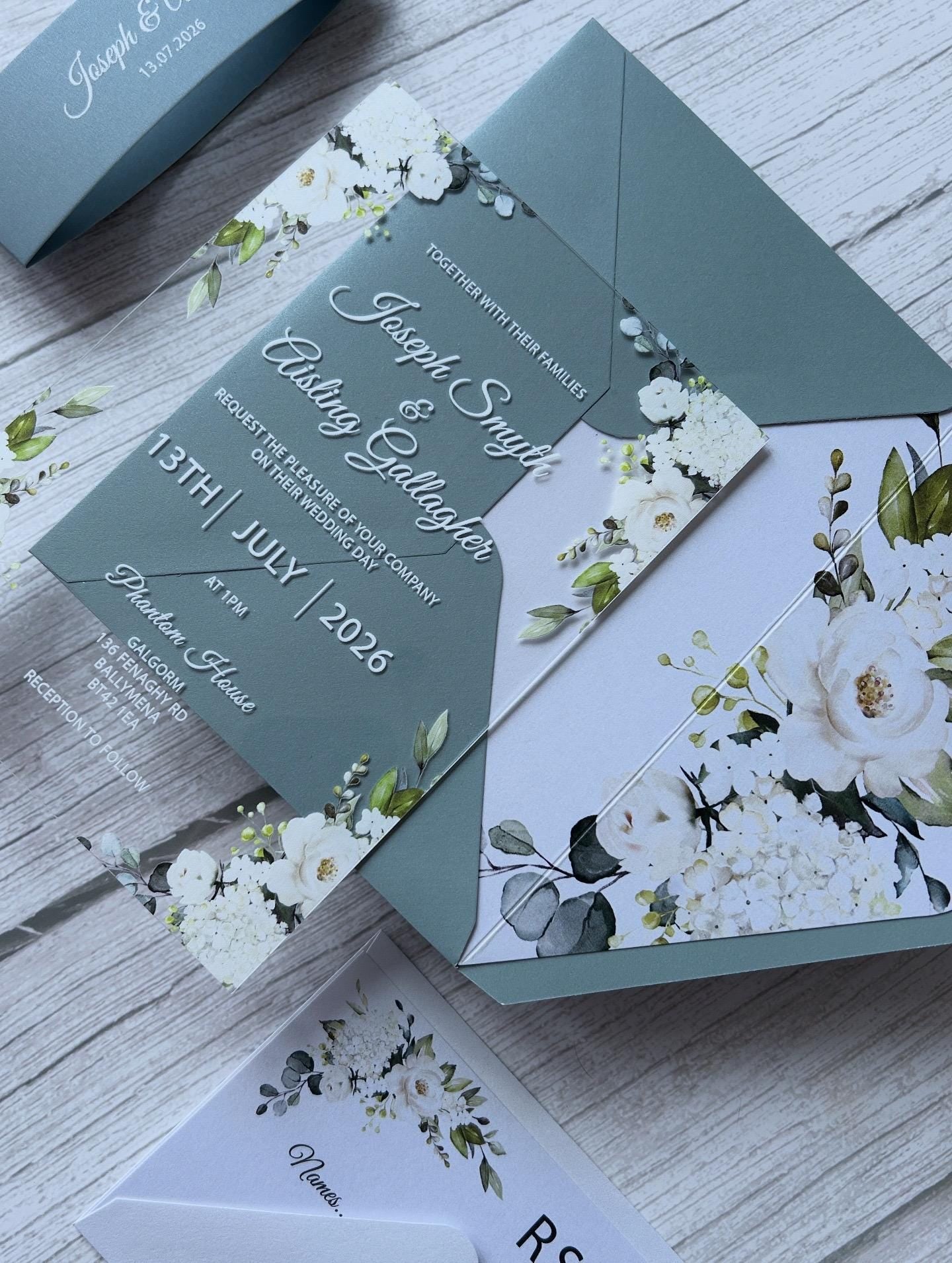Elegant Acrylic Wedding Invitation: Dusty Blue Floral, Shimmer Envelope thumbnail 3