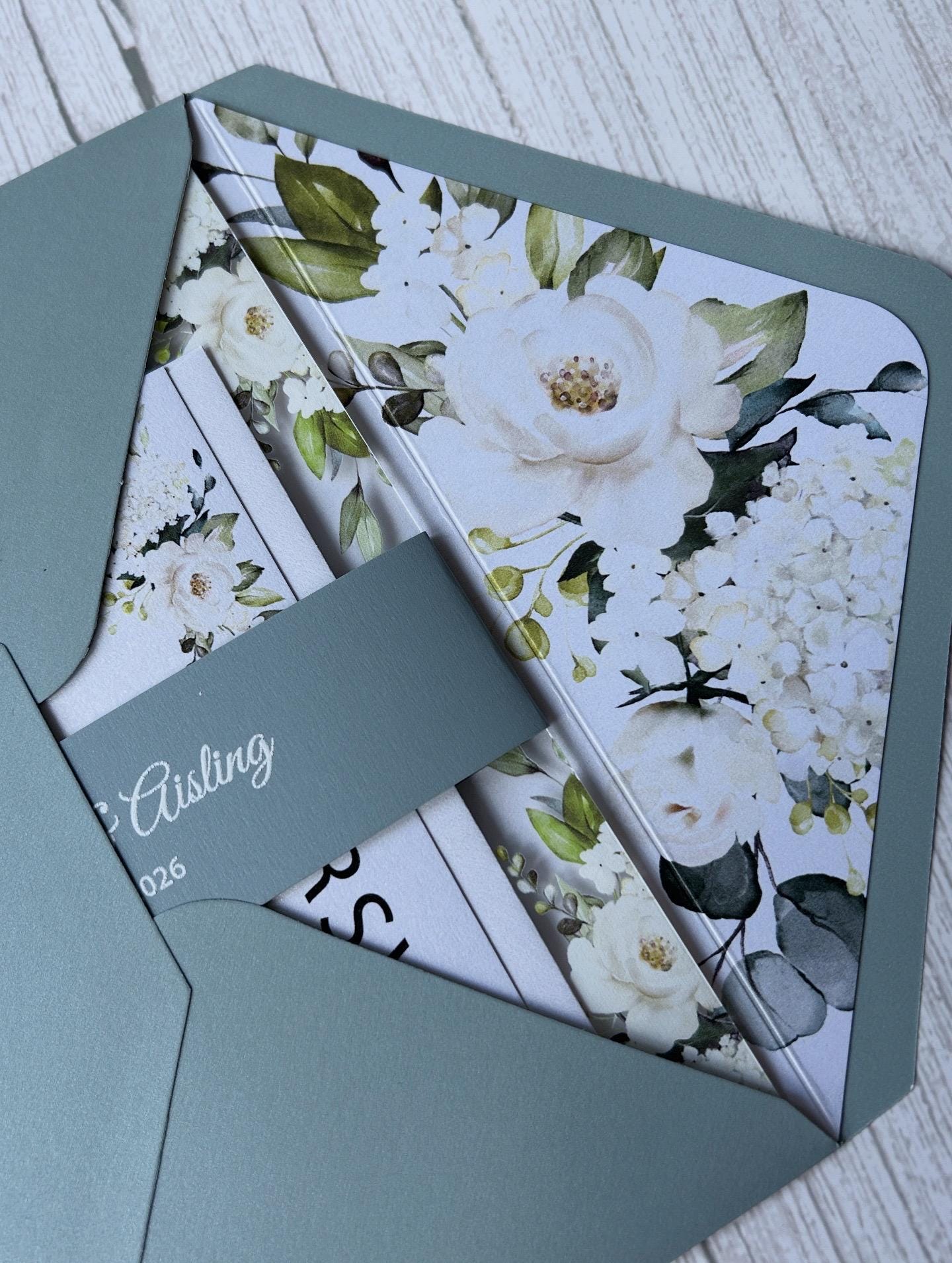 Elegant Acrylic Wedding Invitation: Dusty Blue Floral, Shimmer Envelope thumbnail 4