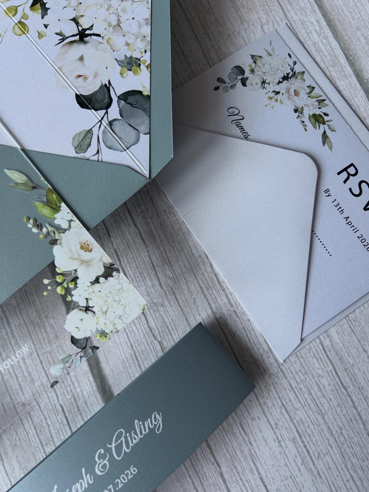 Elegant Acrylic Wedding Invitation: Dusty Blue Floral, Shimmer Envelope thumbnail 5