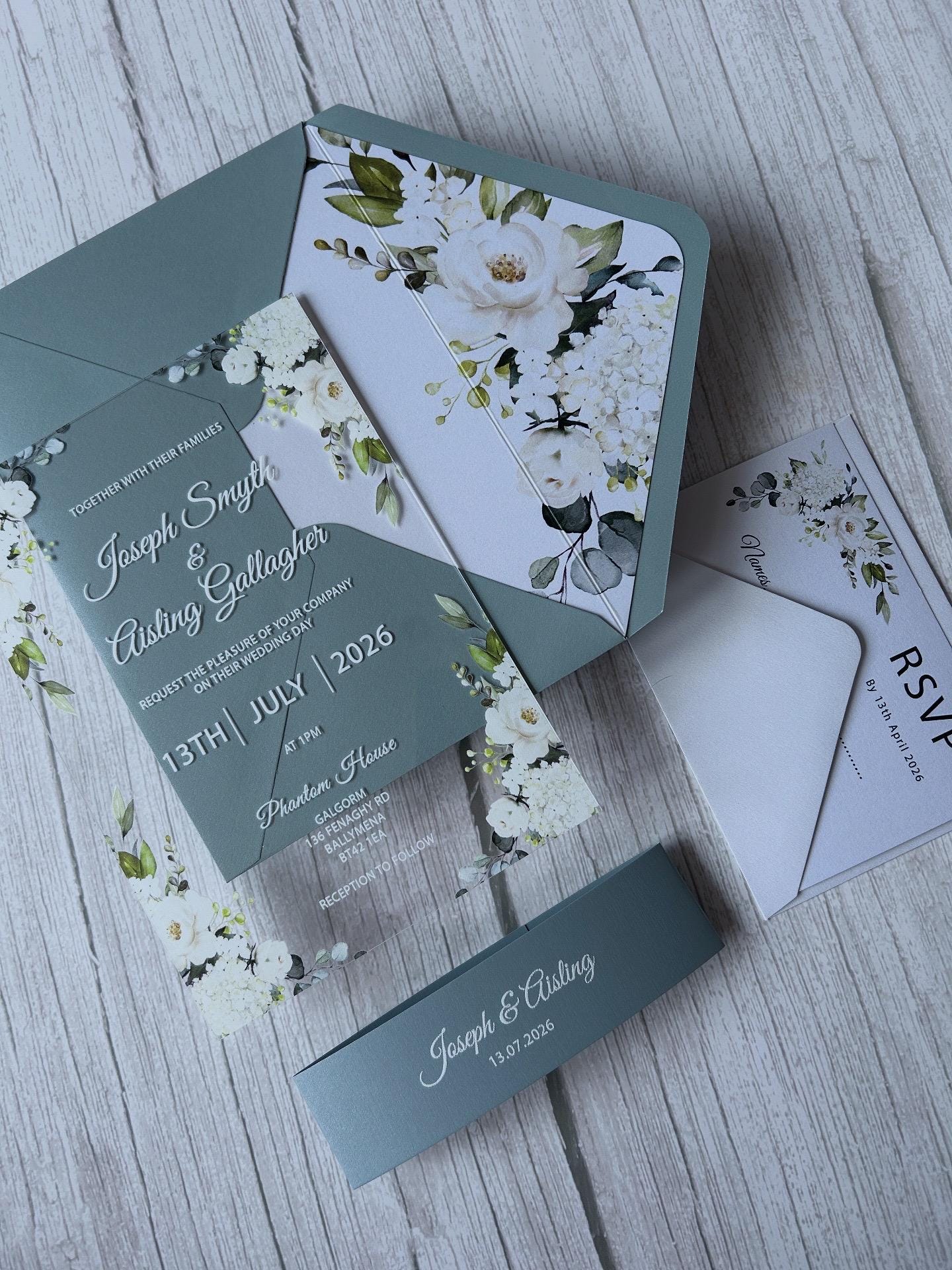 Elegant Acrylic Wedding Invitation: Dusty Blue Floral, Shimmer Envelope thumbnail 6