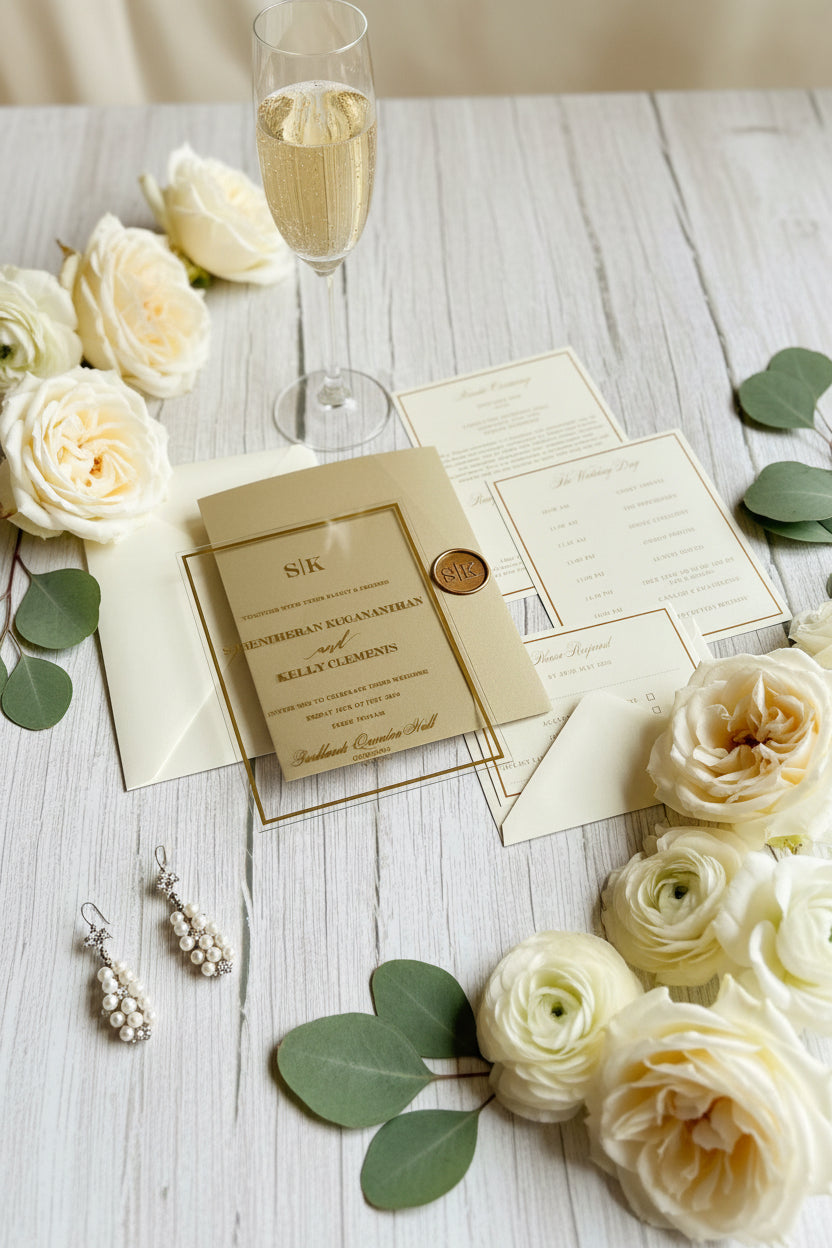 Luxury Gold Foiled Acrylic Pocketfold Wedding Invitation Suite with Stacked Inserts image 1