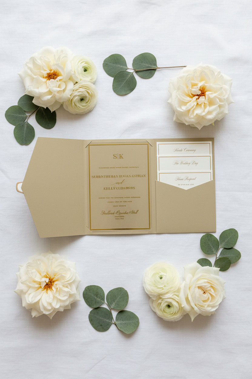 Luxury Gold Foiled Acrylic Pocketfold Wedding Invitation Suite with Stacked Inserts thumbnail 2