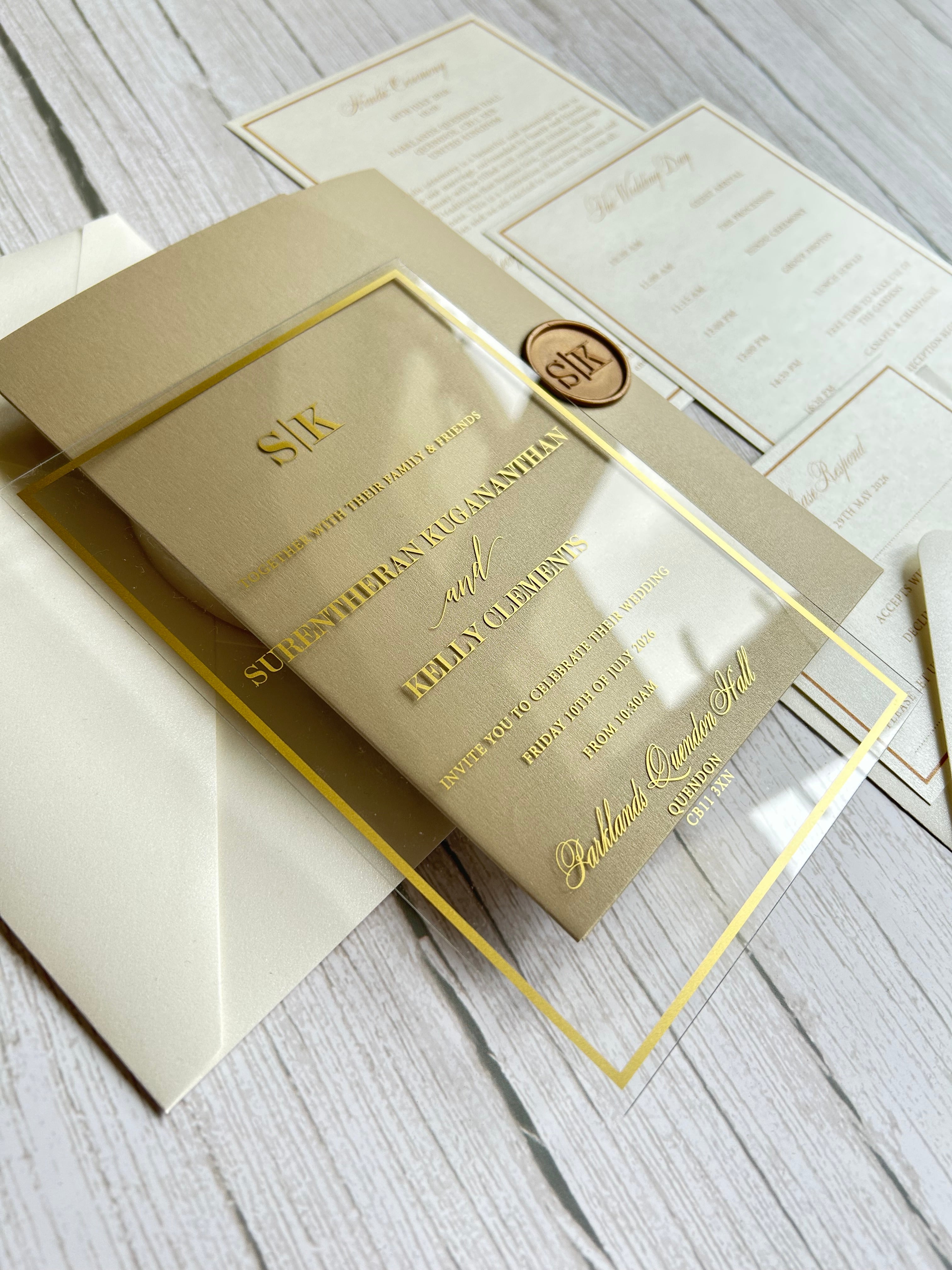 Luxury Gold Foiled Acrylic Pocketfold Wedding Invitation Suite with Stacked Inserts thumbnail 3
