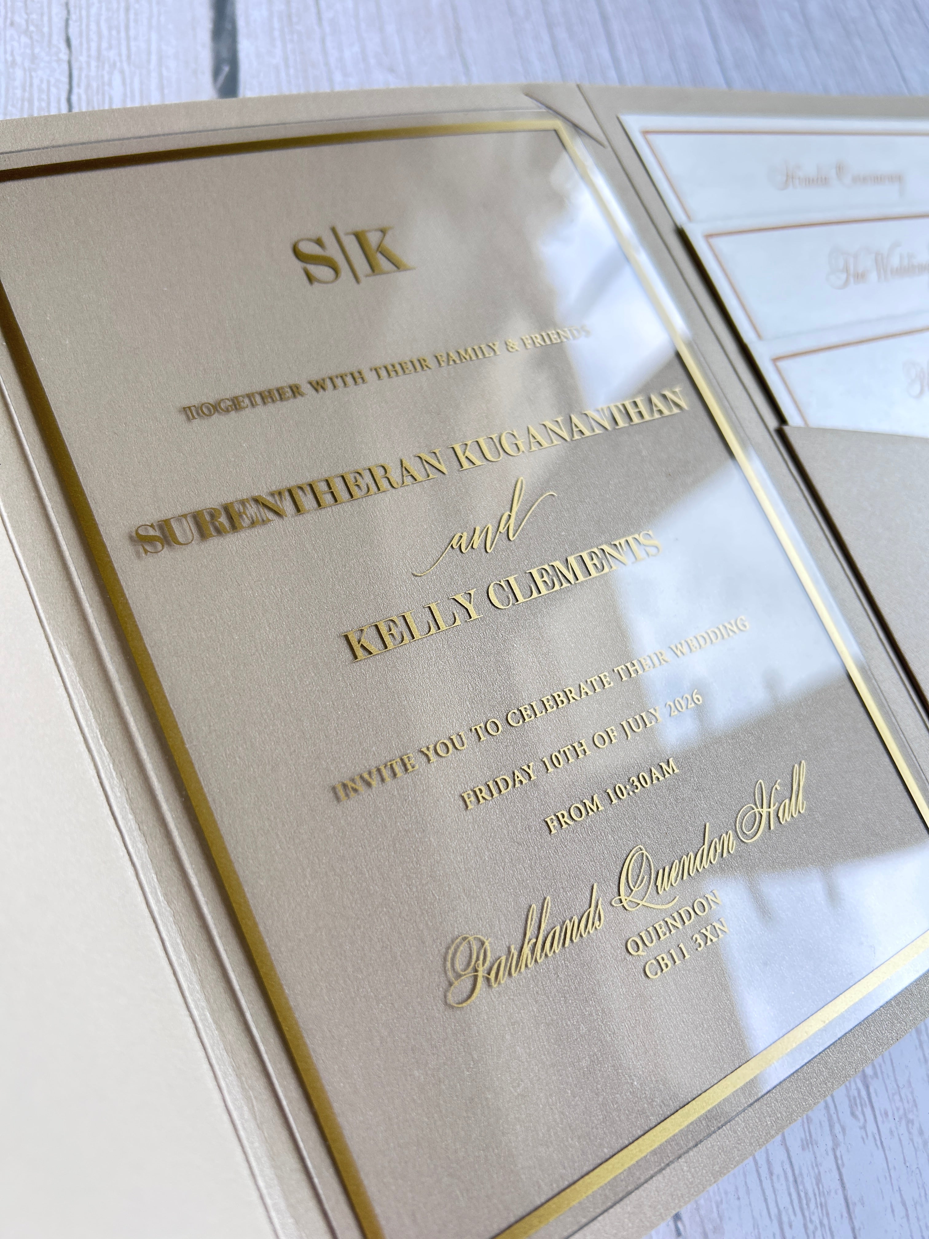 Luxury Gold Foiled Acrylic Pocketfold Wedding Invitation Suite with Stacked Inserts thumbnail 4