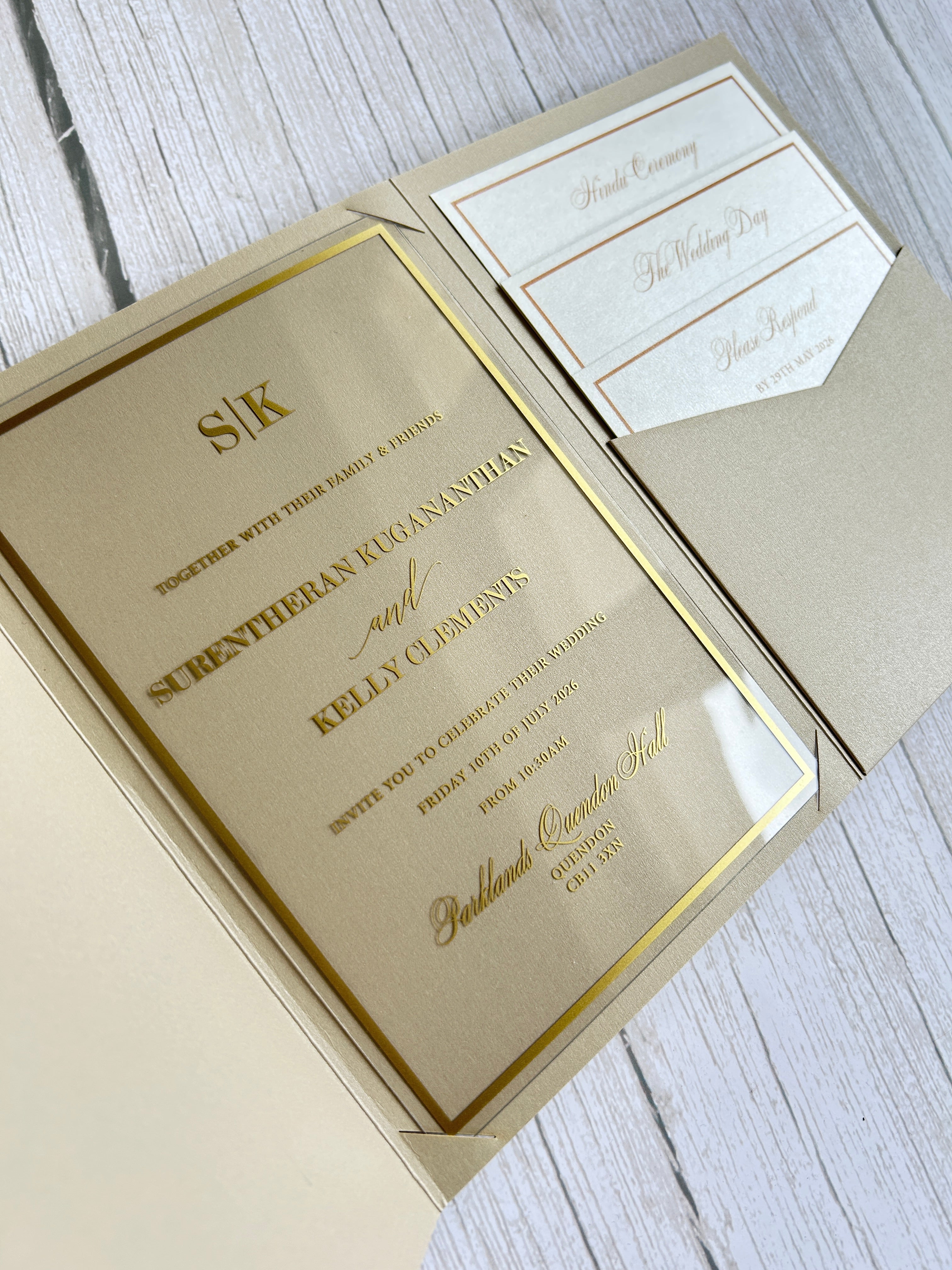 Luxury Gold Foiled Acrylic Pocketfold Wedding Invitation Suite with Stacked Inserts thumbnail 5