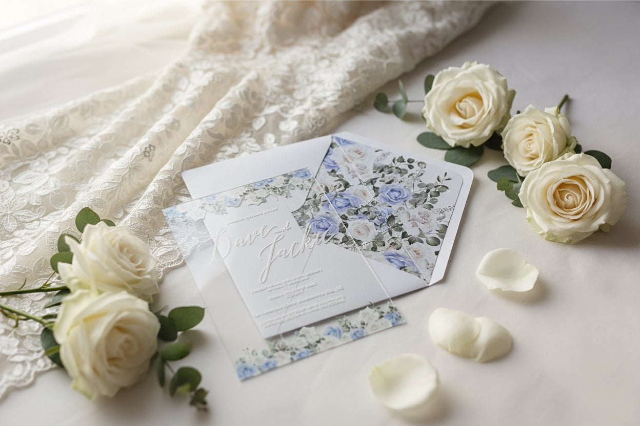 Acrylic Wedding Invitation with Dusty Blue Cornflower Florals & Envelope Liner image 1
