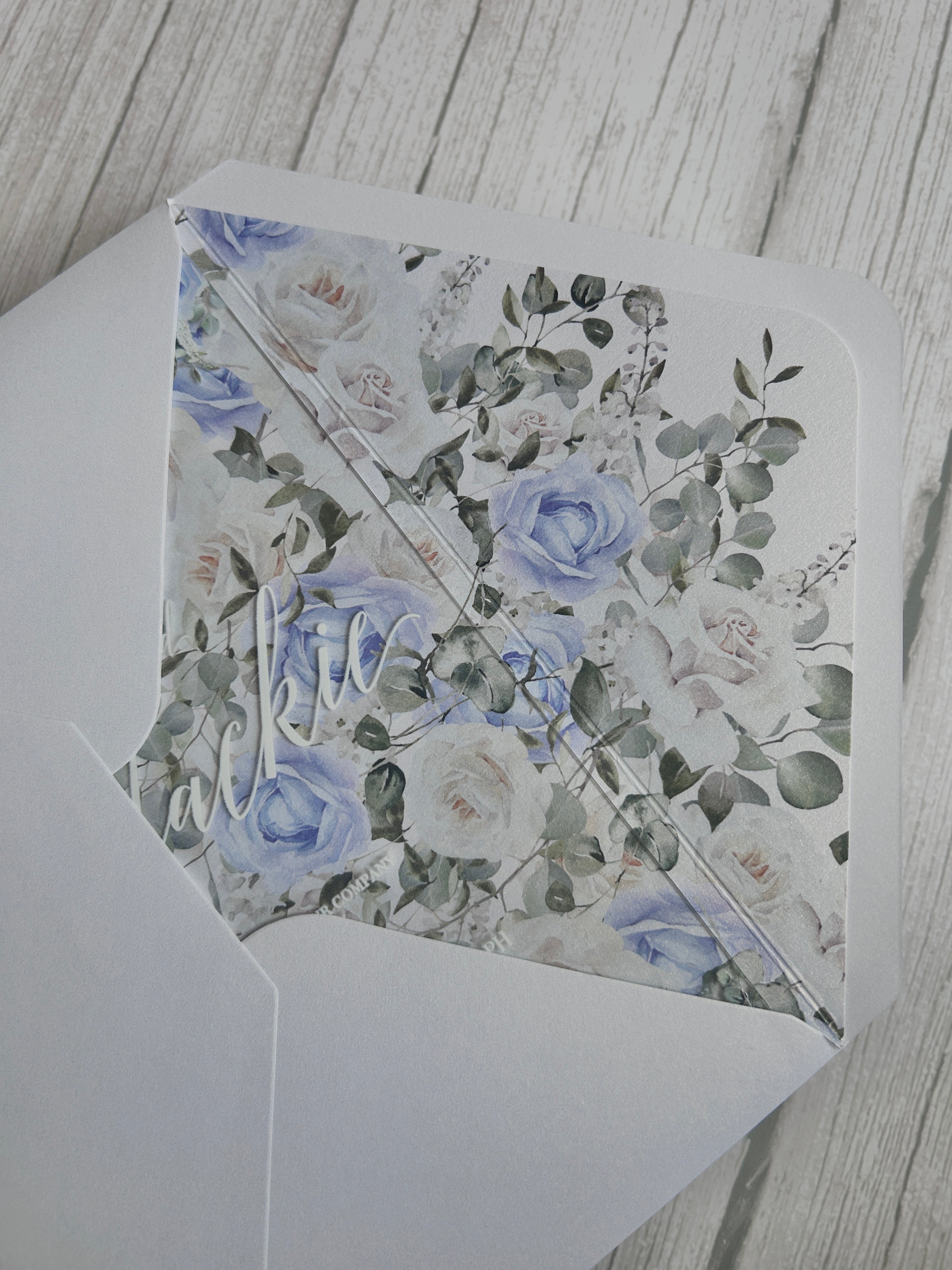 Acrylic Wedding Invitation with Dusty Blue Cornflower Florals & Envelope Liner thumbnail 3