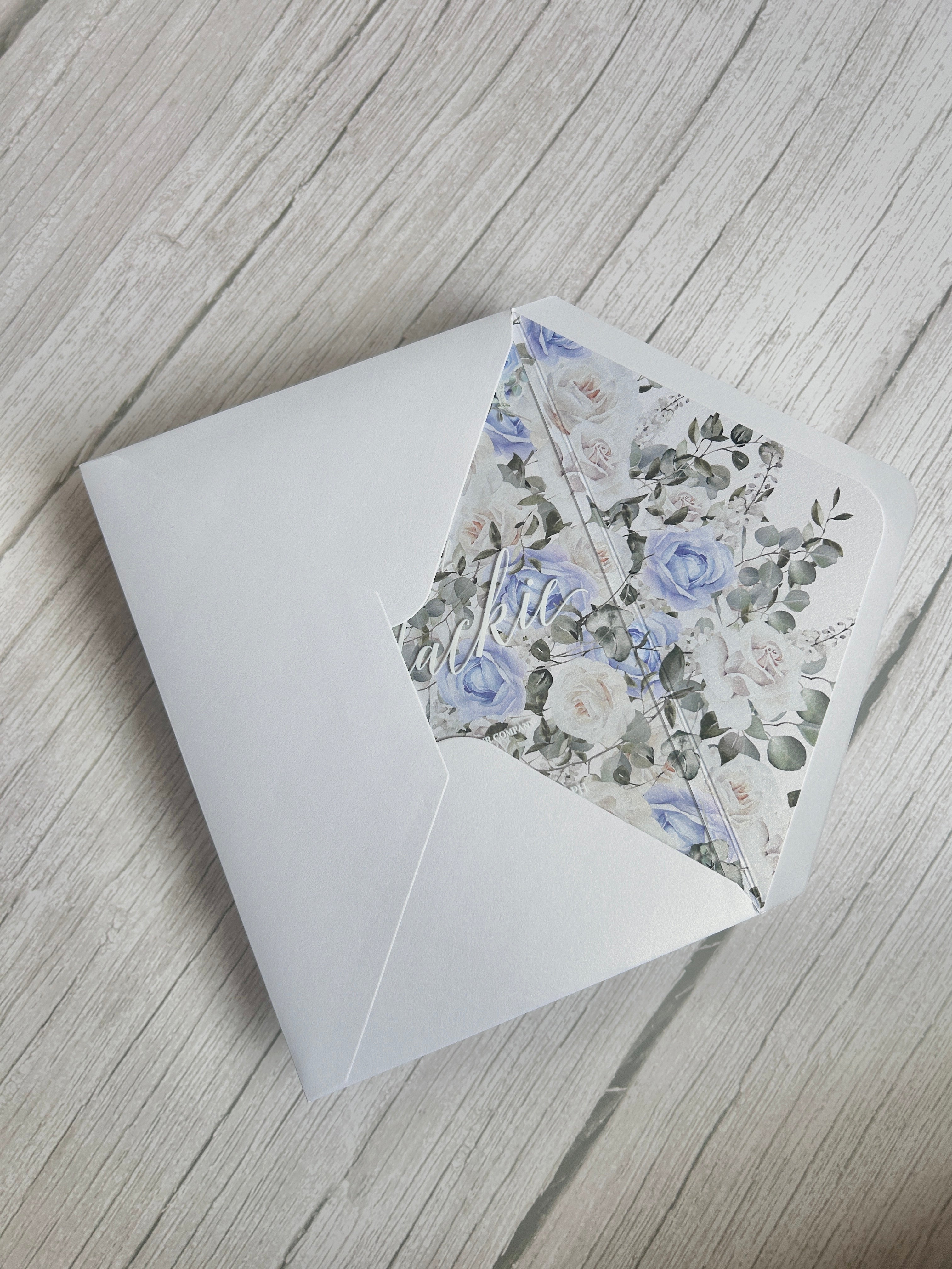 Acrylic Wedding Invitation with Dusty Blue Cornflower Florals & Envelope Liner thumbnail 4