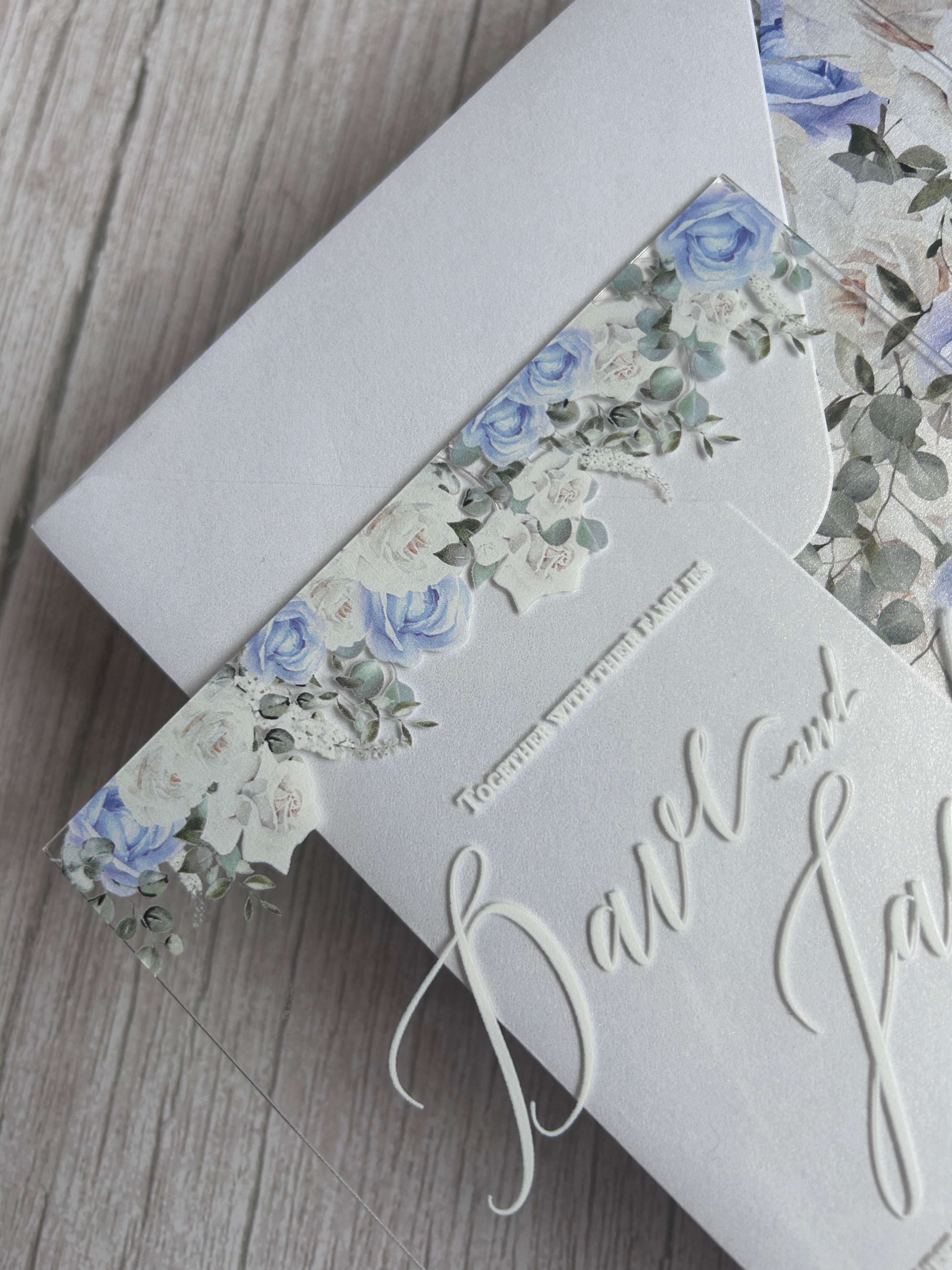 Acrylic Wedding Invitation with Dusty Blue Cornflower Florals & Envelope Liner thumbnail 5