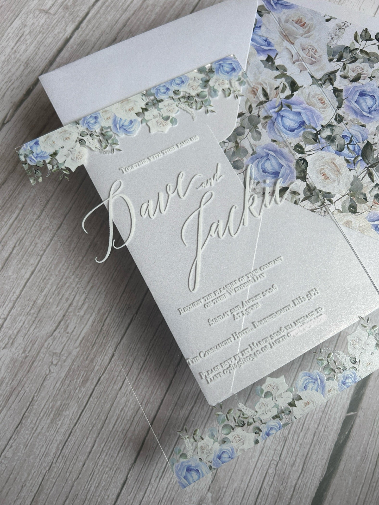 Acrylic Wedding Invitation with Dusty Blue Cornflower Florals & Envelope Liner thumbnail 6