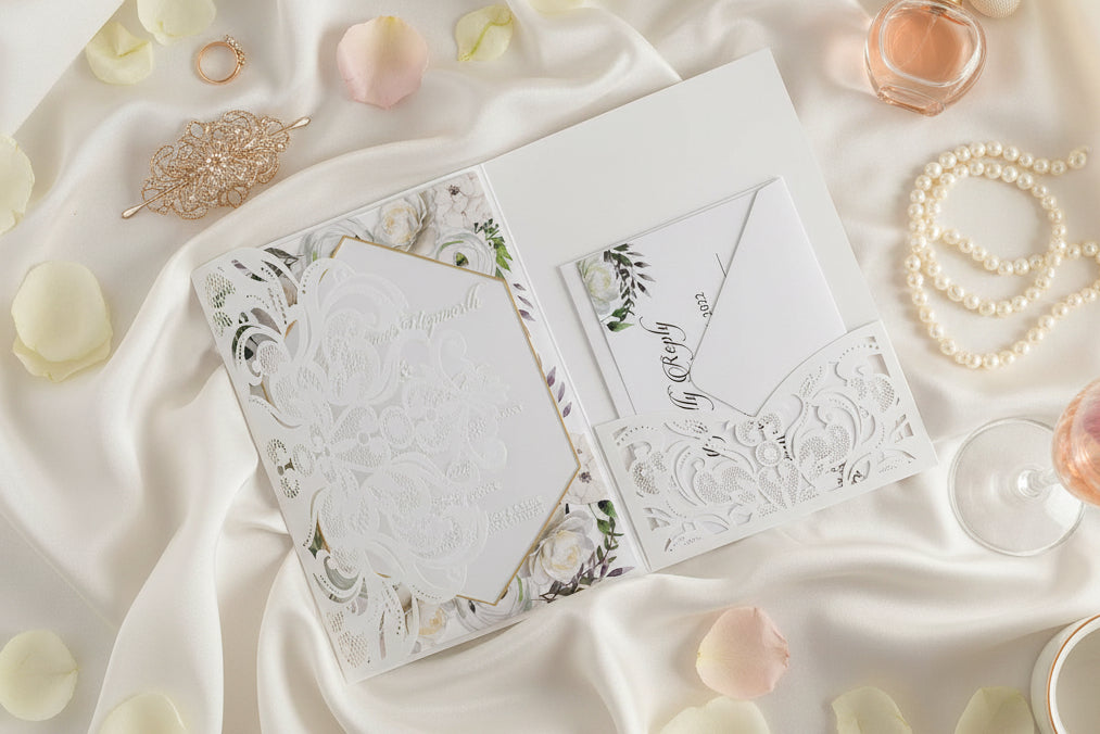 Acrylic Floral Wedding Invitation inside Lasercut Pocketfold with Matching Inserts image 1