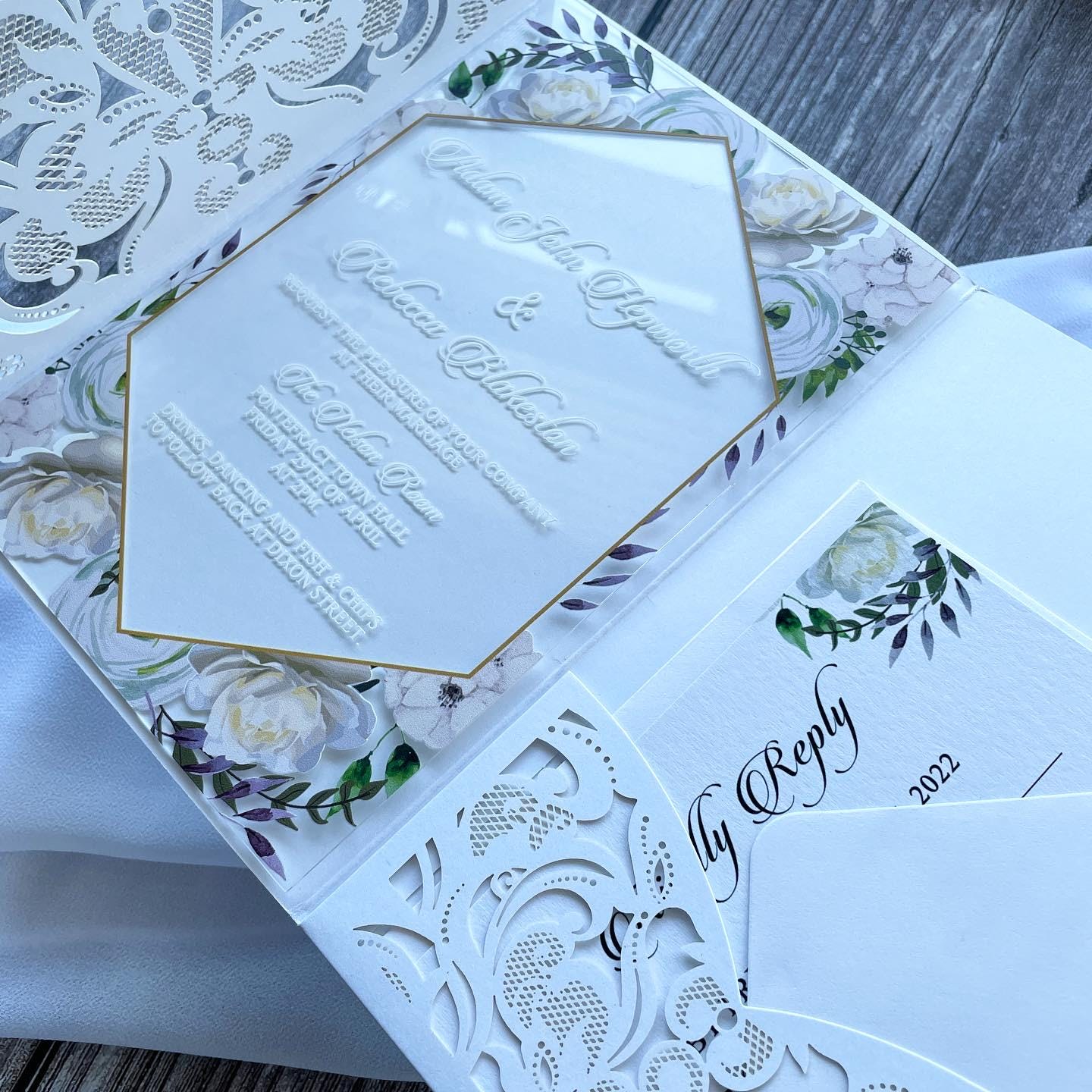 Acrylic Floral Wedding Invitation inside Lasercut Pocketfold with Matching Inserts thumbnail 2