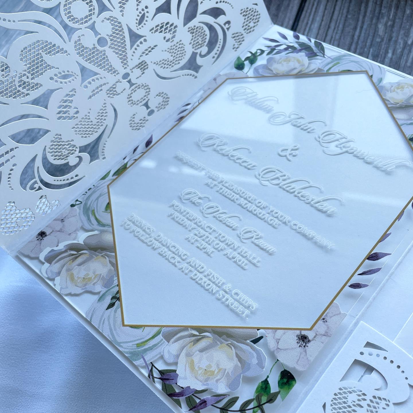 Acrylic Floral Wedding Invitation inside Lasercut Pocketfold with Matching Inserts thumbnail 3
