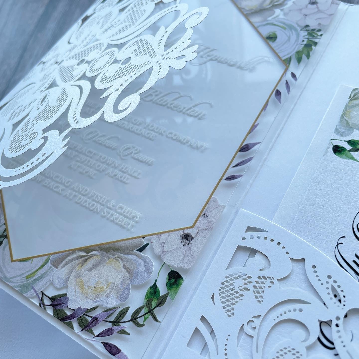 Acrylic Floral Wedding Invitation inside Lasercut Pocketfold with Matching Inserts thumbnail 5
