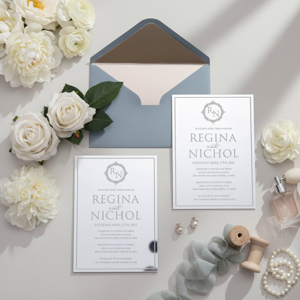 Silver Mirror Acrylic Wedding Invitation with Dusty Blue Envelope & Matte Champagne Envelope Liner thumbnail 2