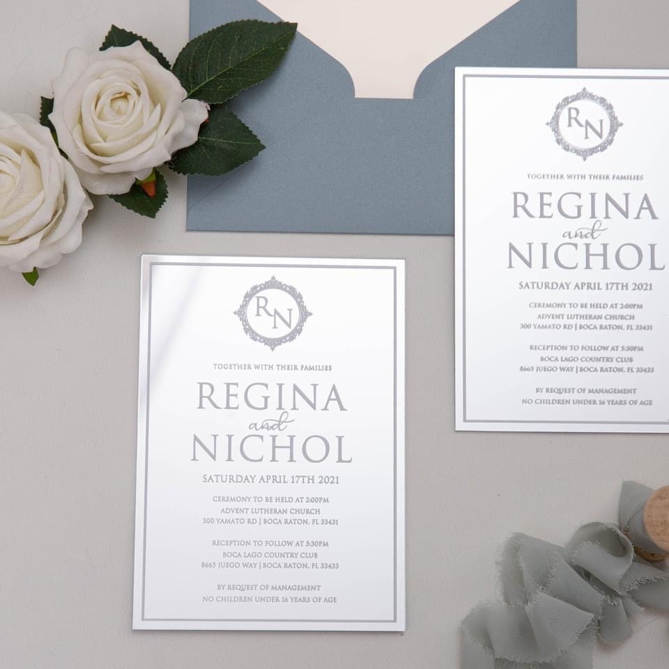 Silver Mirror Acrylic Wedding Invitation with Dusty Blue Envelope & Matte Champagne Envelope Liner thumbnail 3