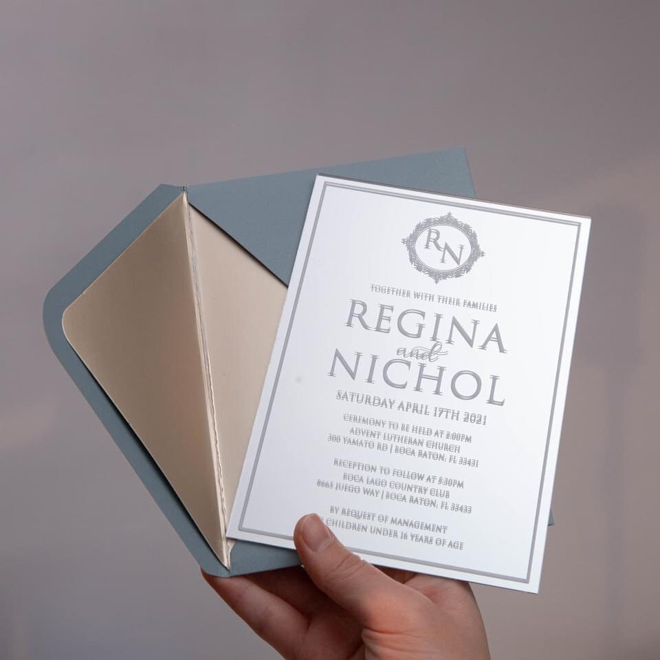 Silver Mirror Acrylic Wedding Invitation with Dusty Blue Envelope & Matte Champagne Envelope Liner thumbnail 4