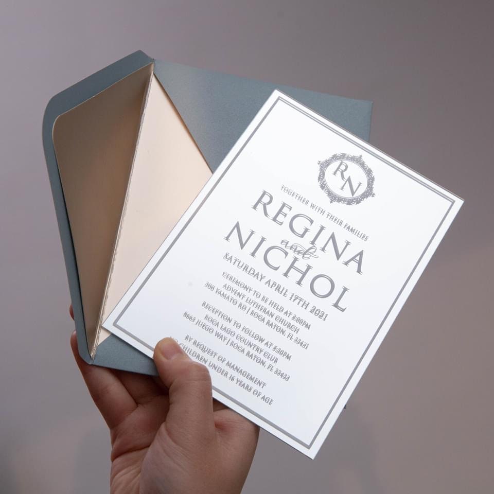 Silver Mirror Acrylic Wedding Invitation with Dusty Blue Envelope & Matte Champagne Envelope Liner thumbnail 5