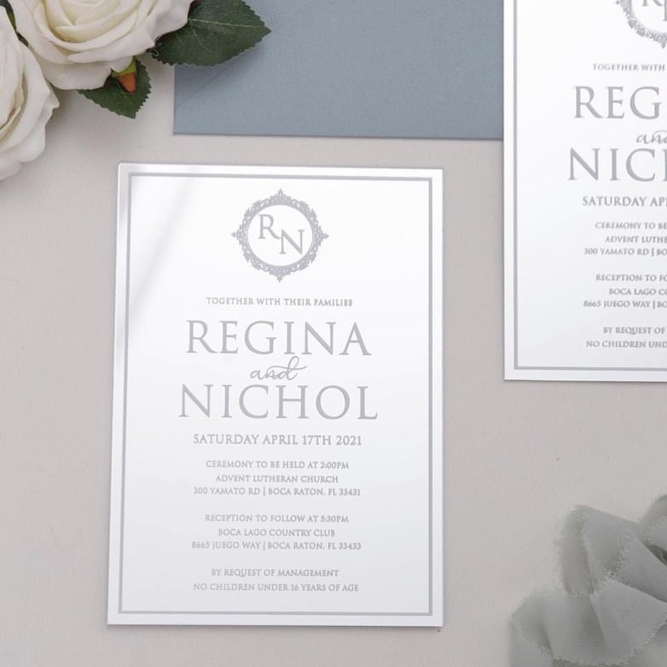 Silver Mirror Acrylic Wedding Invitation with Dusty Blue Envelope & Matte Champagne Envelope Liner thumbnail 6