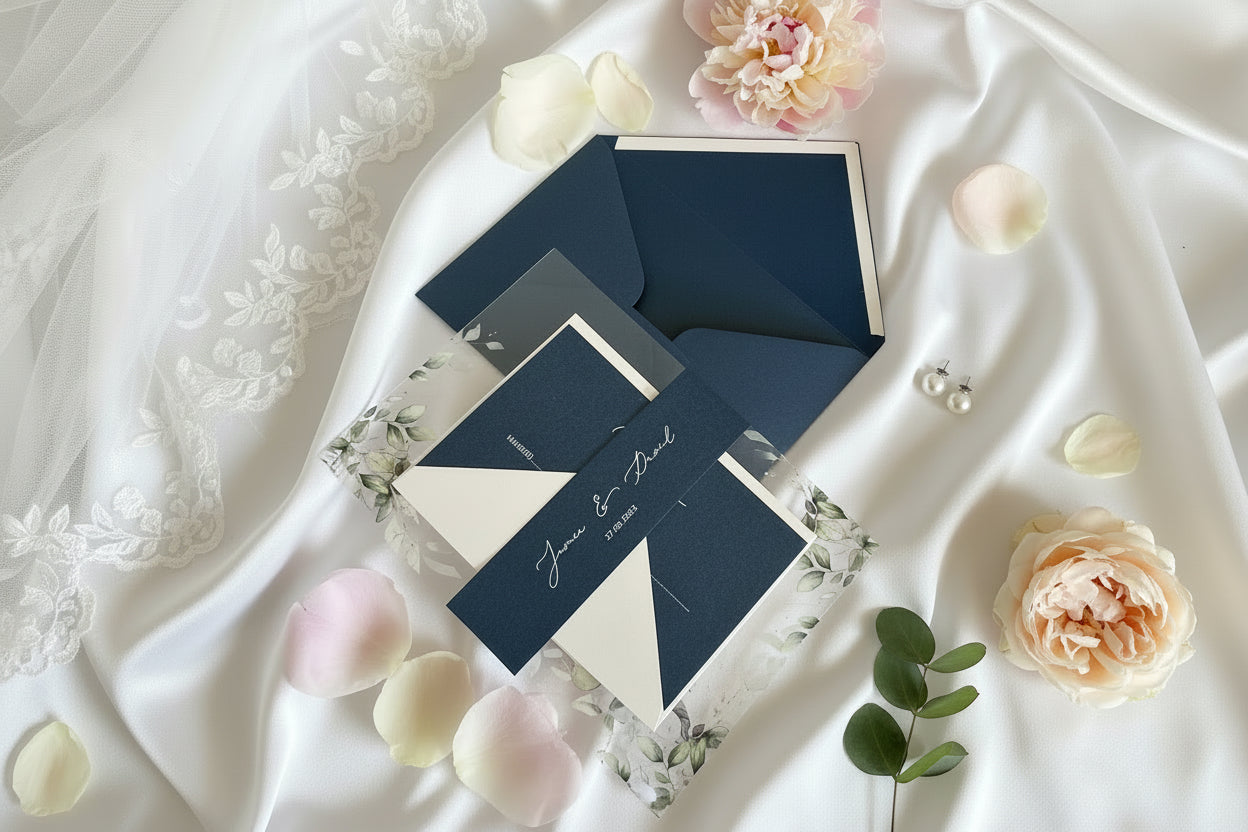 Navy & Clear Acrylic Wedding Invitation | Green Foliage, Elegant Suite image 1