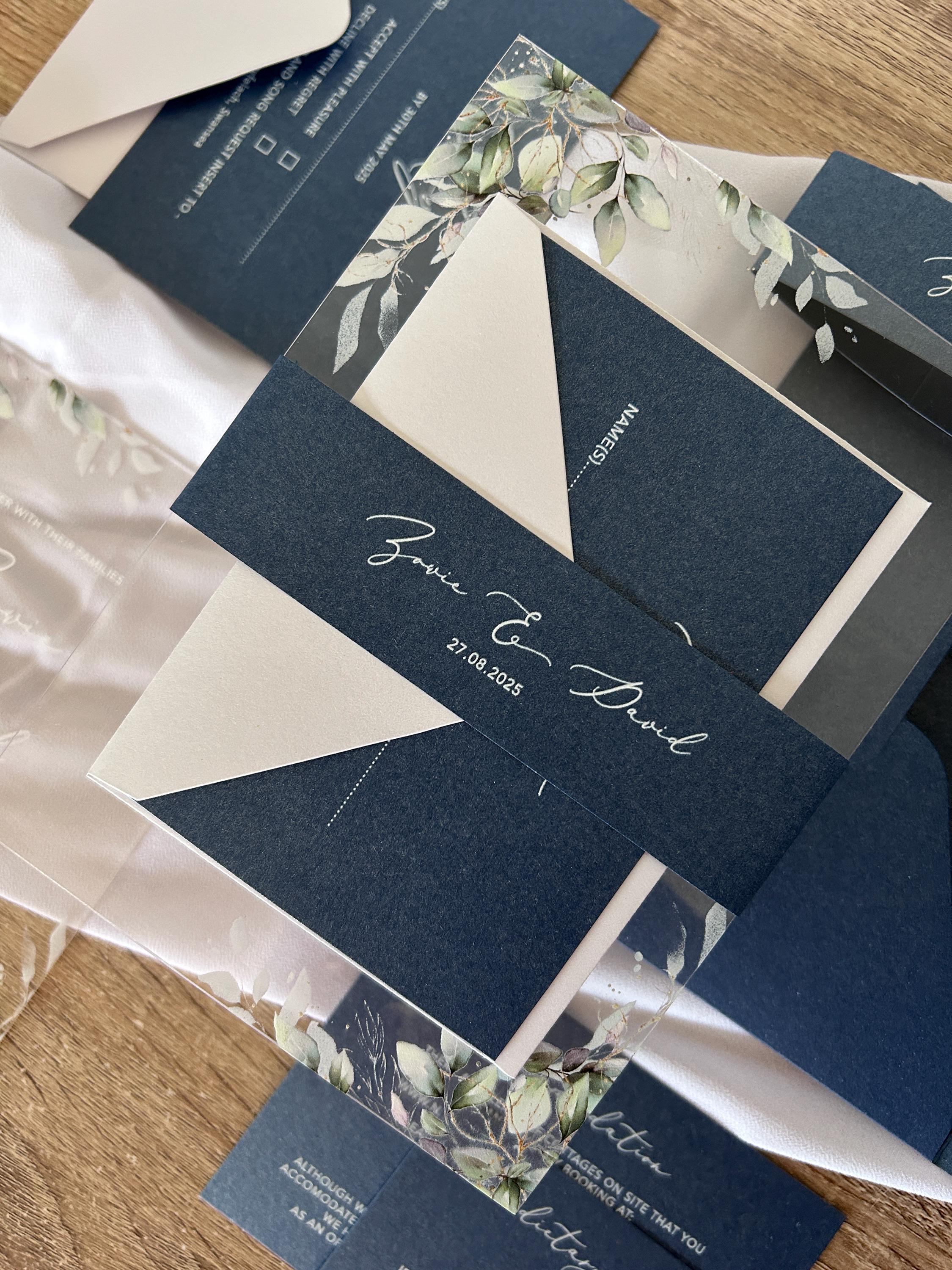 Navy & Clear Acrylic Wedding Invitation | Green Foliage, Elegant Suite thumbnail 2