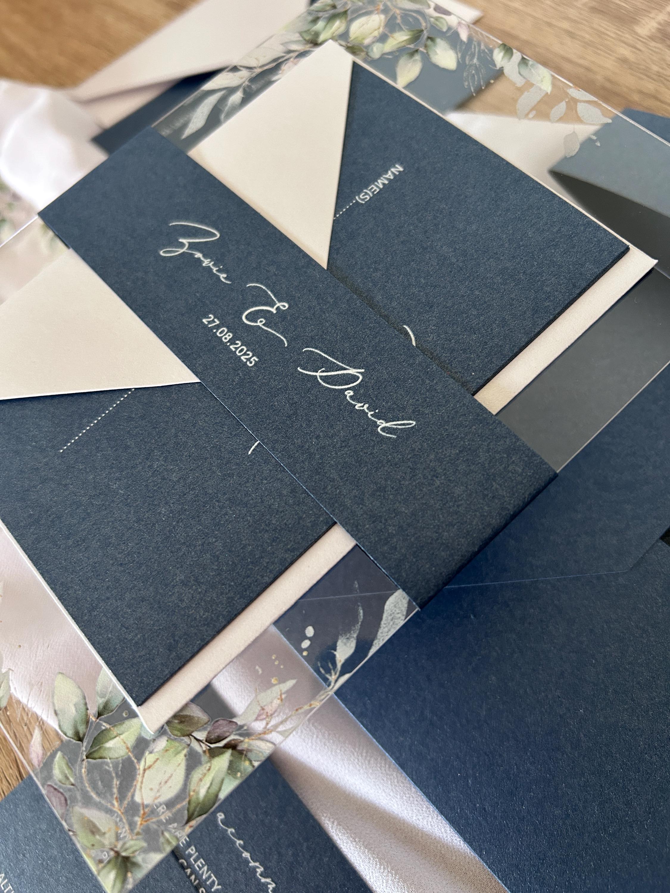 Navy & Clear Acrylic Wedding Invitation | Green Foliage, Elegant Suite thumbnail 3