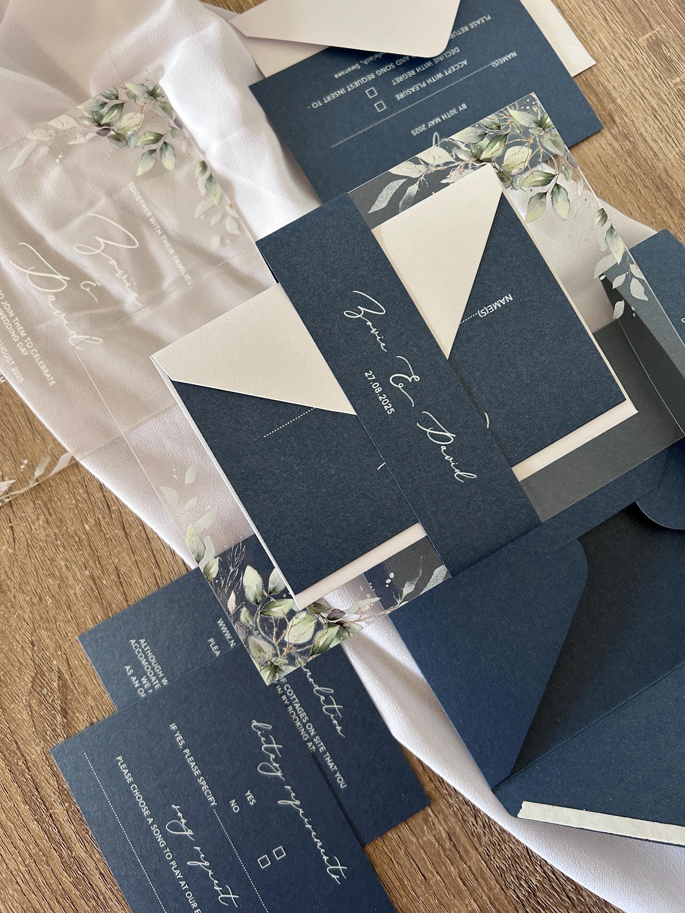 Navy & Clear Acrylic Wedding Invitation | Green Foliage, Elegant Suite thumbnail 4