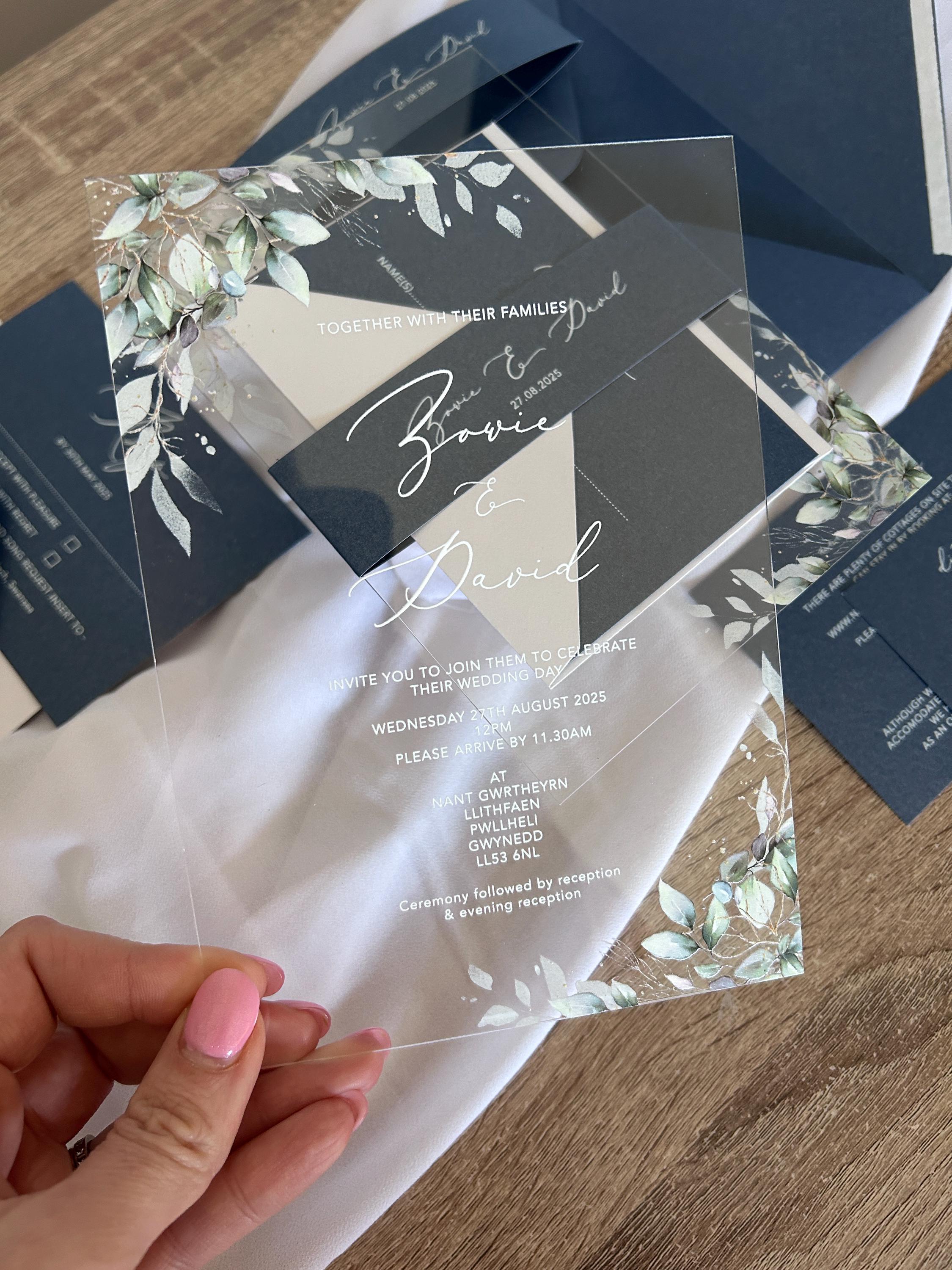 Navy & Clear Acrylic Wedding Invitation | Green Foliage, Elegant Suite thumbnail 5