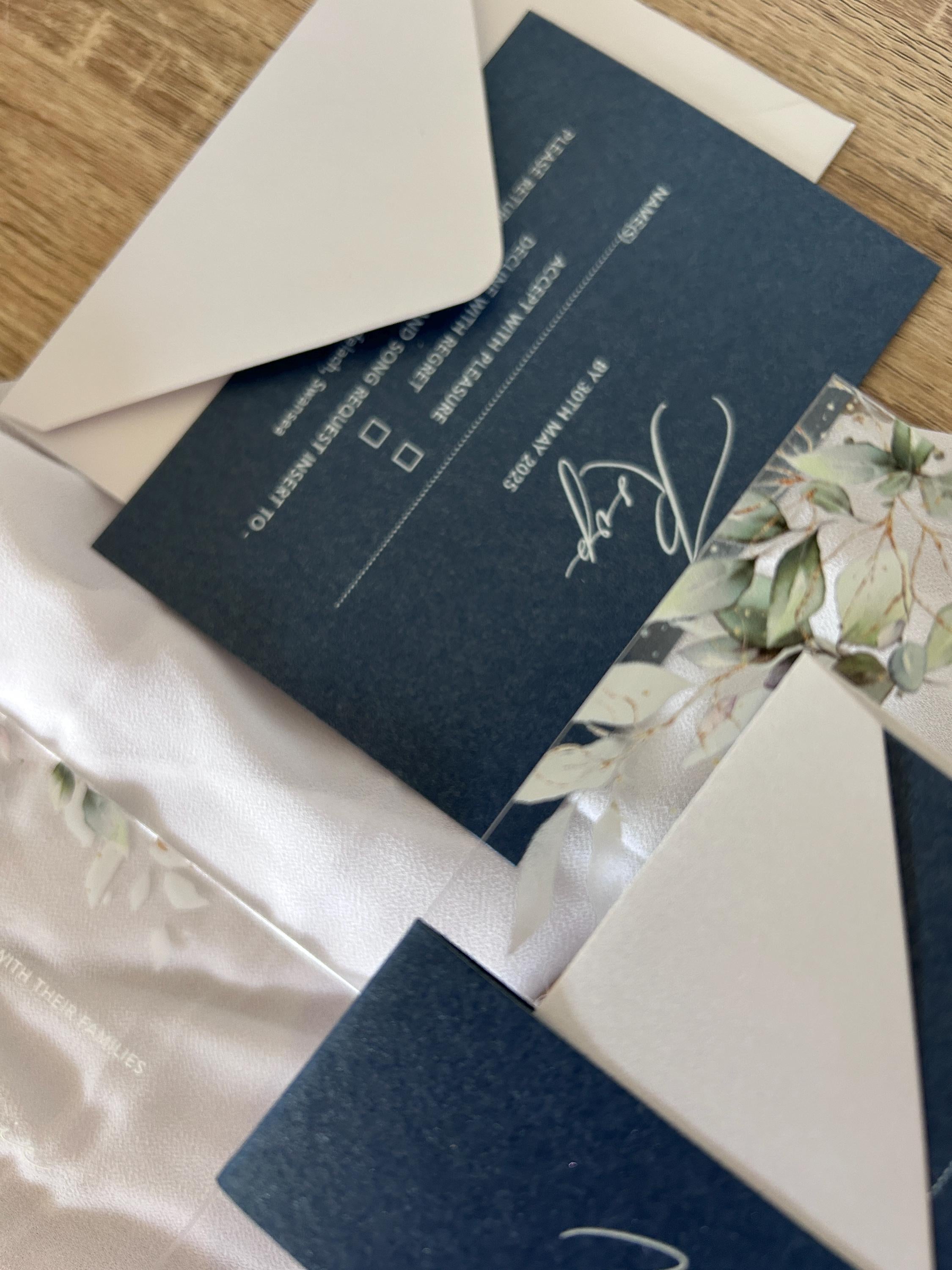 Navy & Clear Acrylic Wedding Invitation | Green Foliage, Elegant Suite thumbnail 6