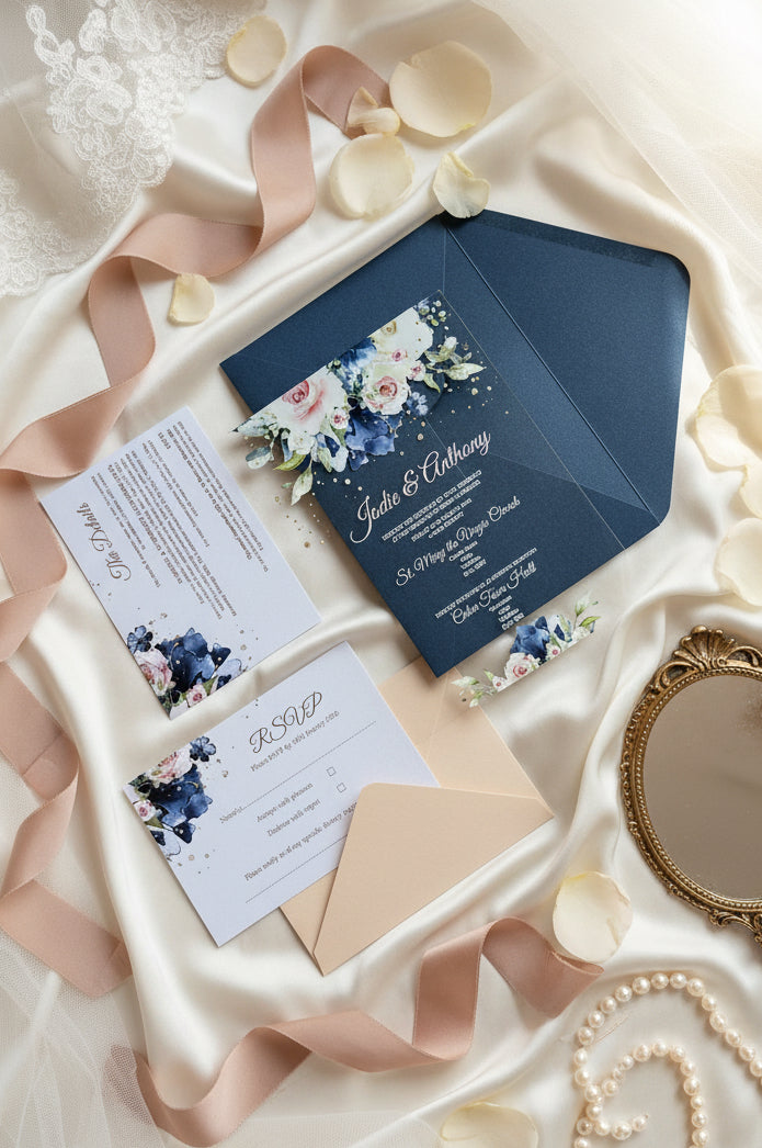 Navy & Blush Acrylic Wedding Invitation with Foiled Inserts image 1