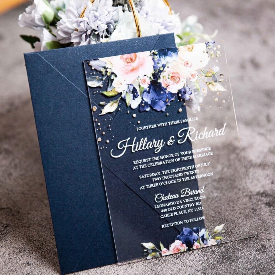 Navy & Blush Acrylic Wedding Invitation with Foiled Inserts thumbnail 2