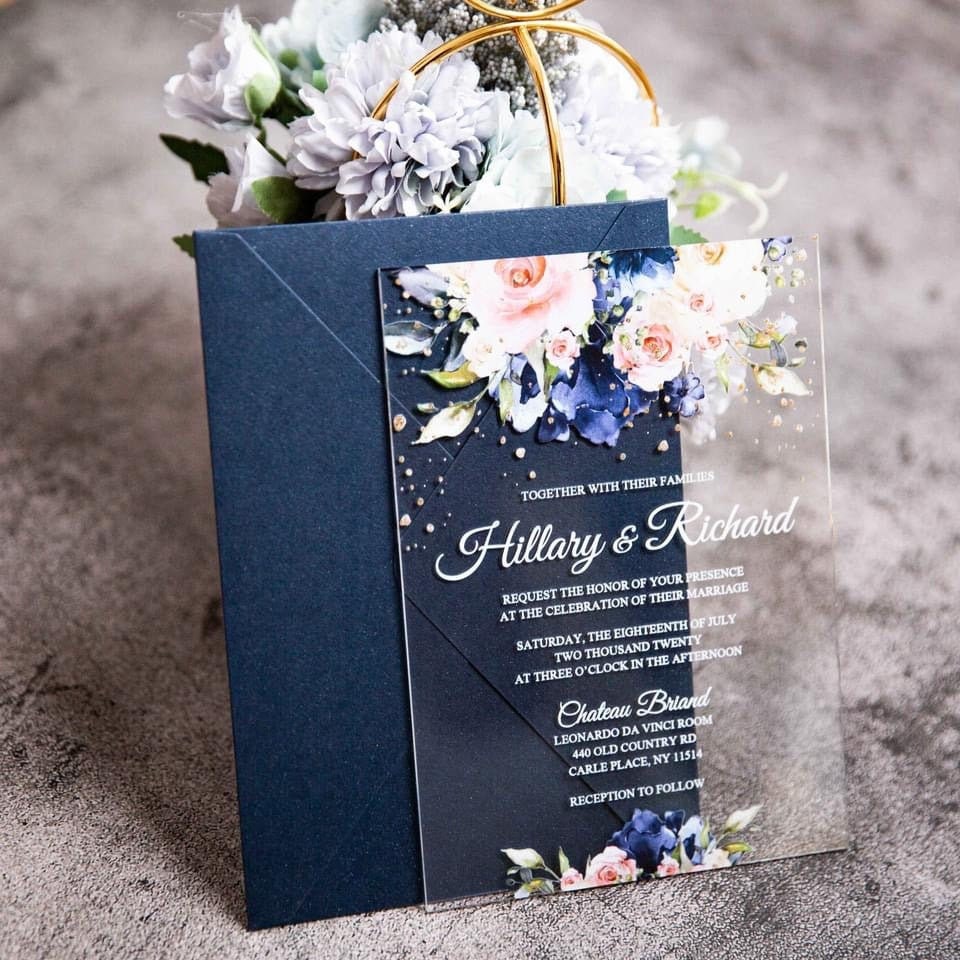 Navy & Blush Acrylic Wedding Invitation with Foiled Inserts thumbnail 3