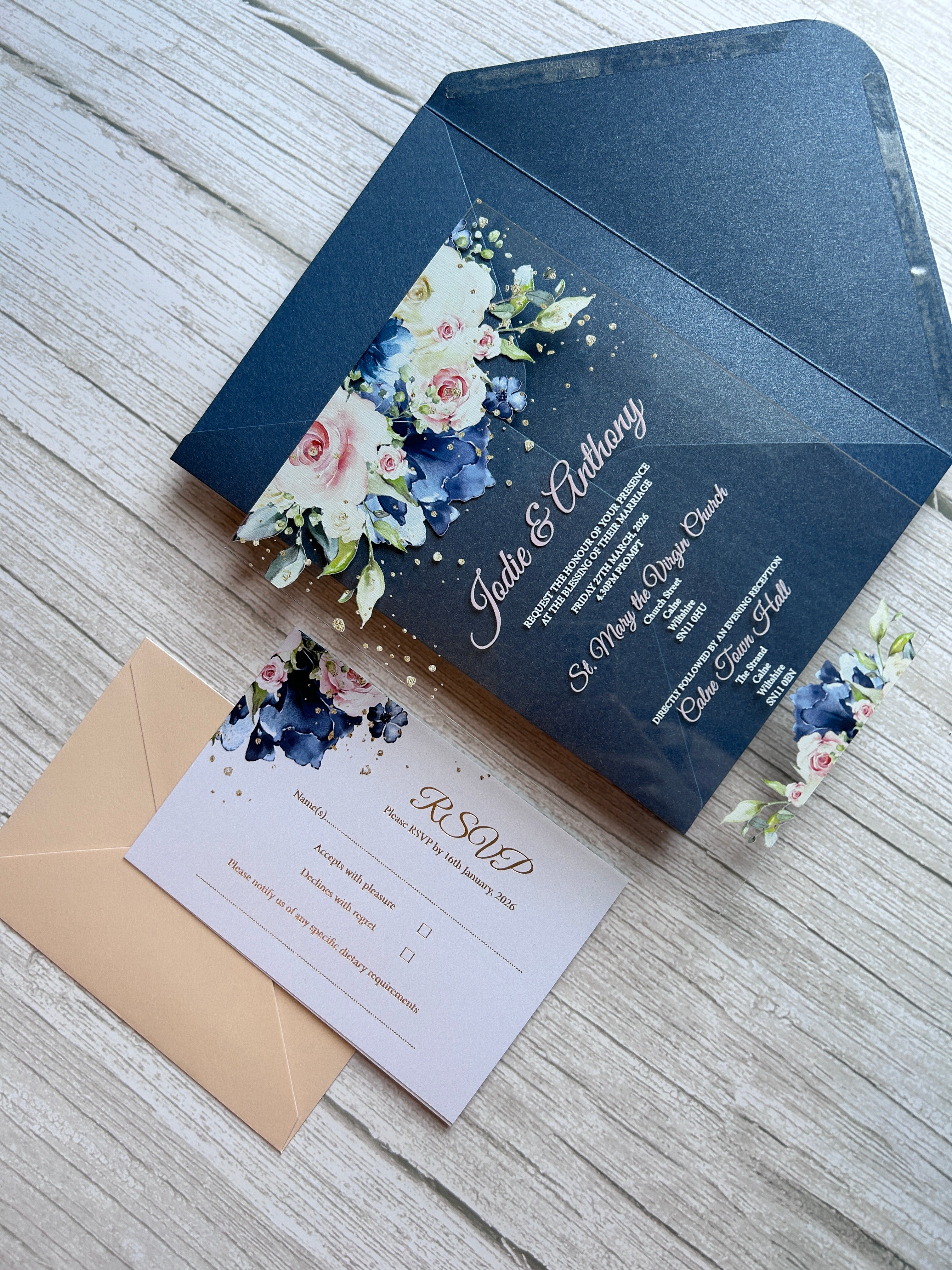 Navy & Blush Acrylic Wedding Invitation with Foiled Inserts thumbnail 4